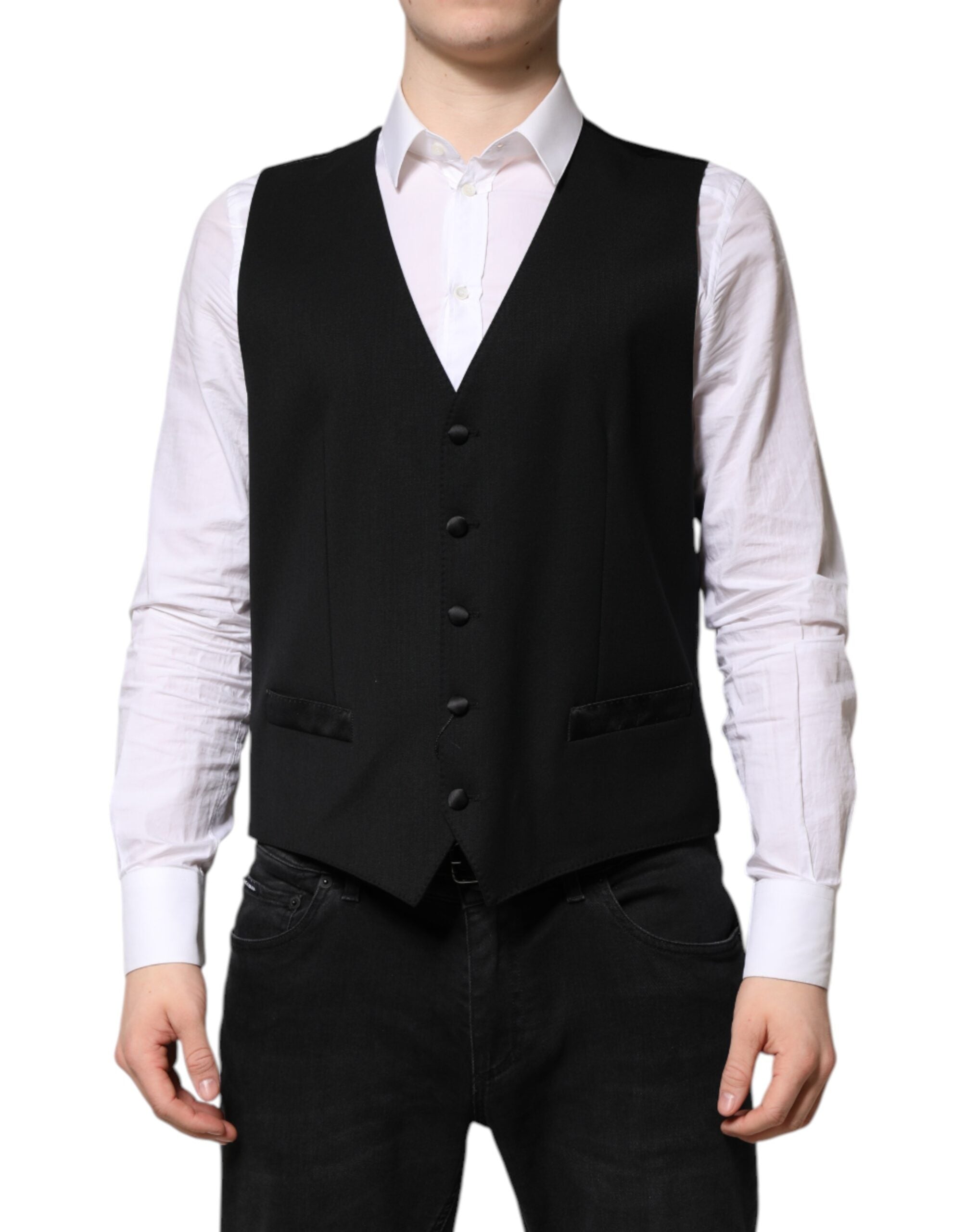 Dolce & Gabbana Black Wool Dress Formal Men Waistcoat Vest - IT52 | XL