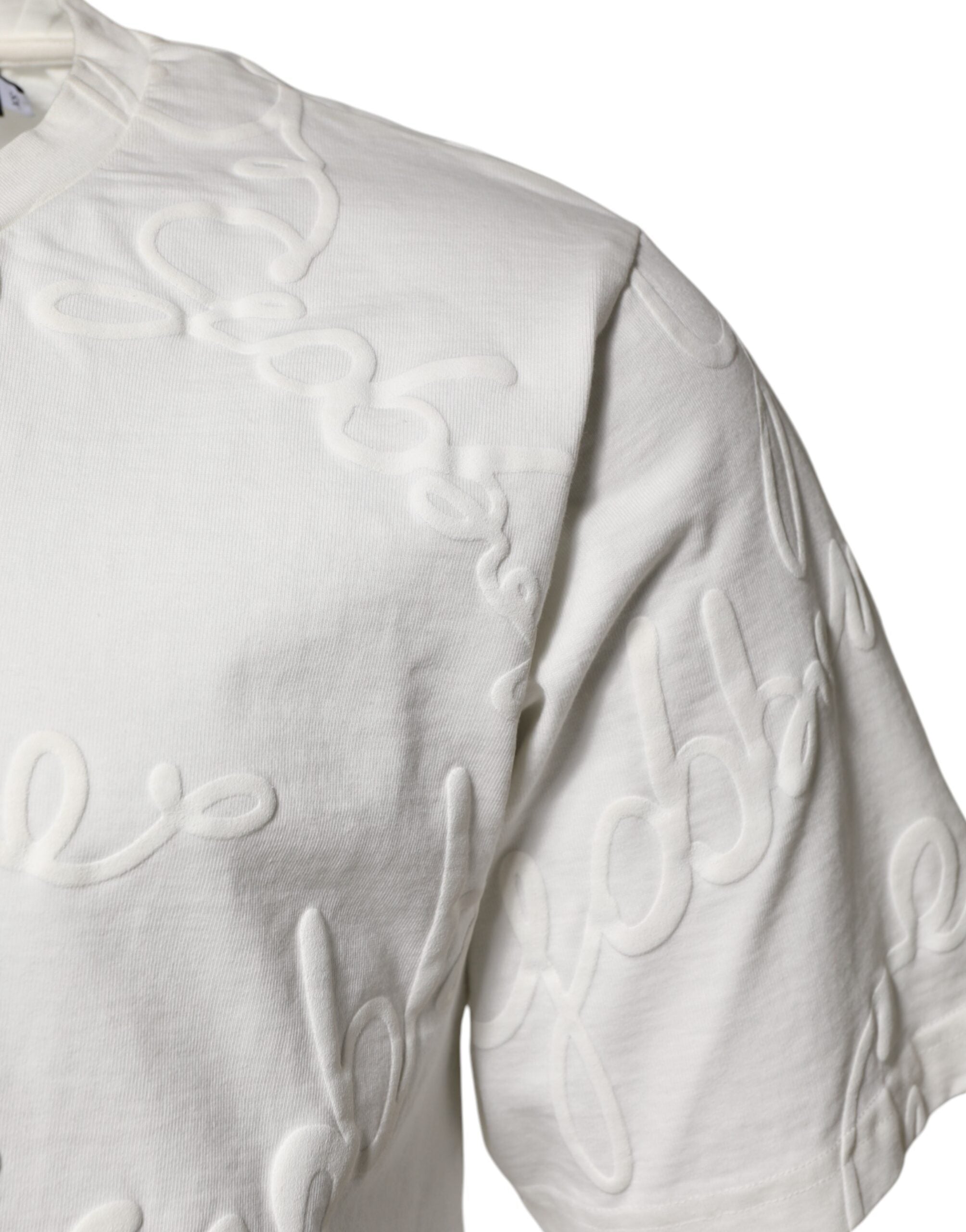 Dolce & Gabbana White Cotton Logo Embossed Crew Neck Men's T-shirt