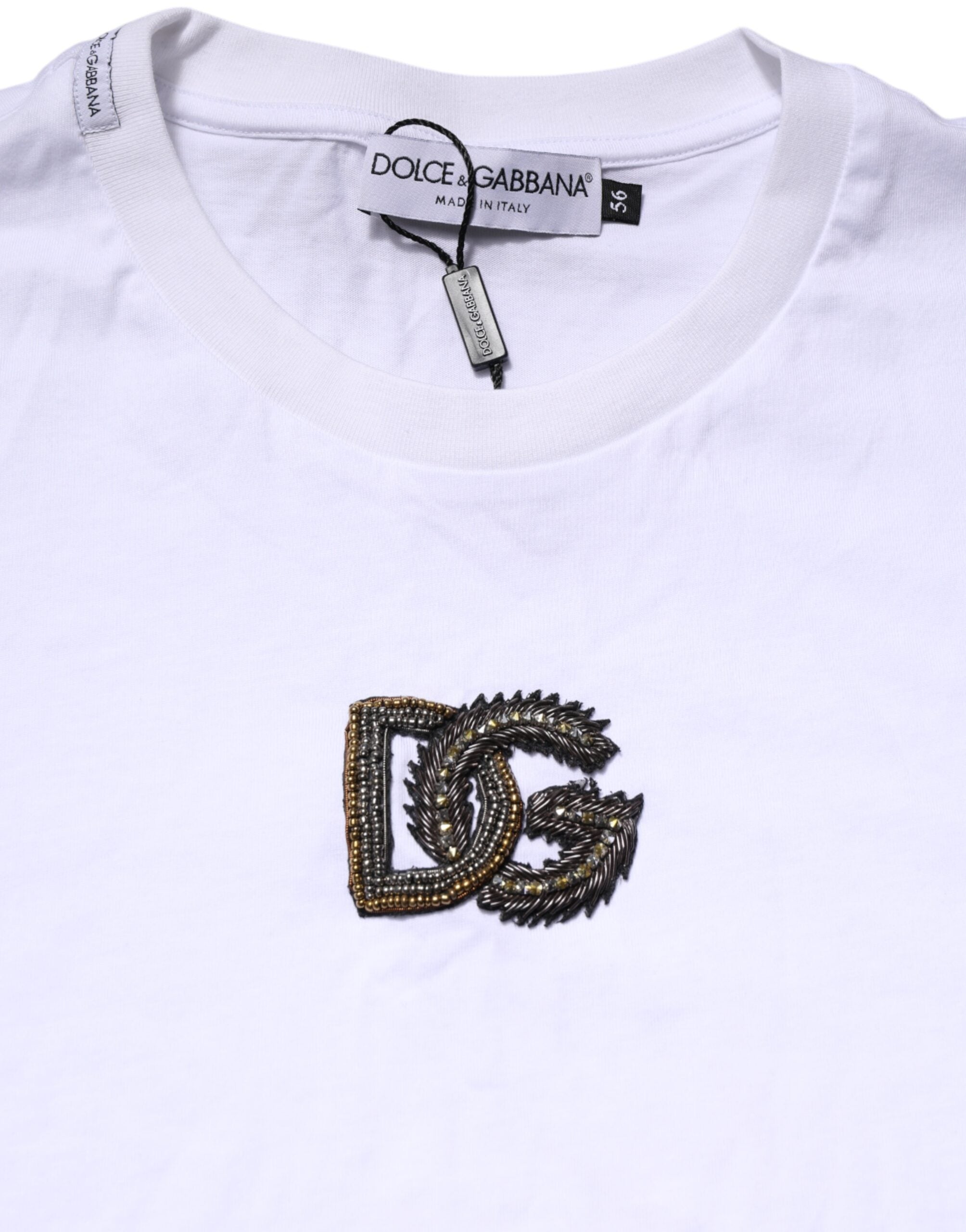Dolce & Gabbana White Logo Embroidery Crew Neck Men's T-shirt (Pre-Owned)