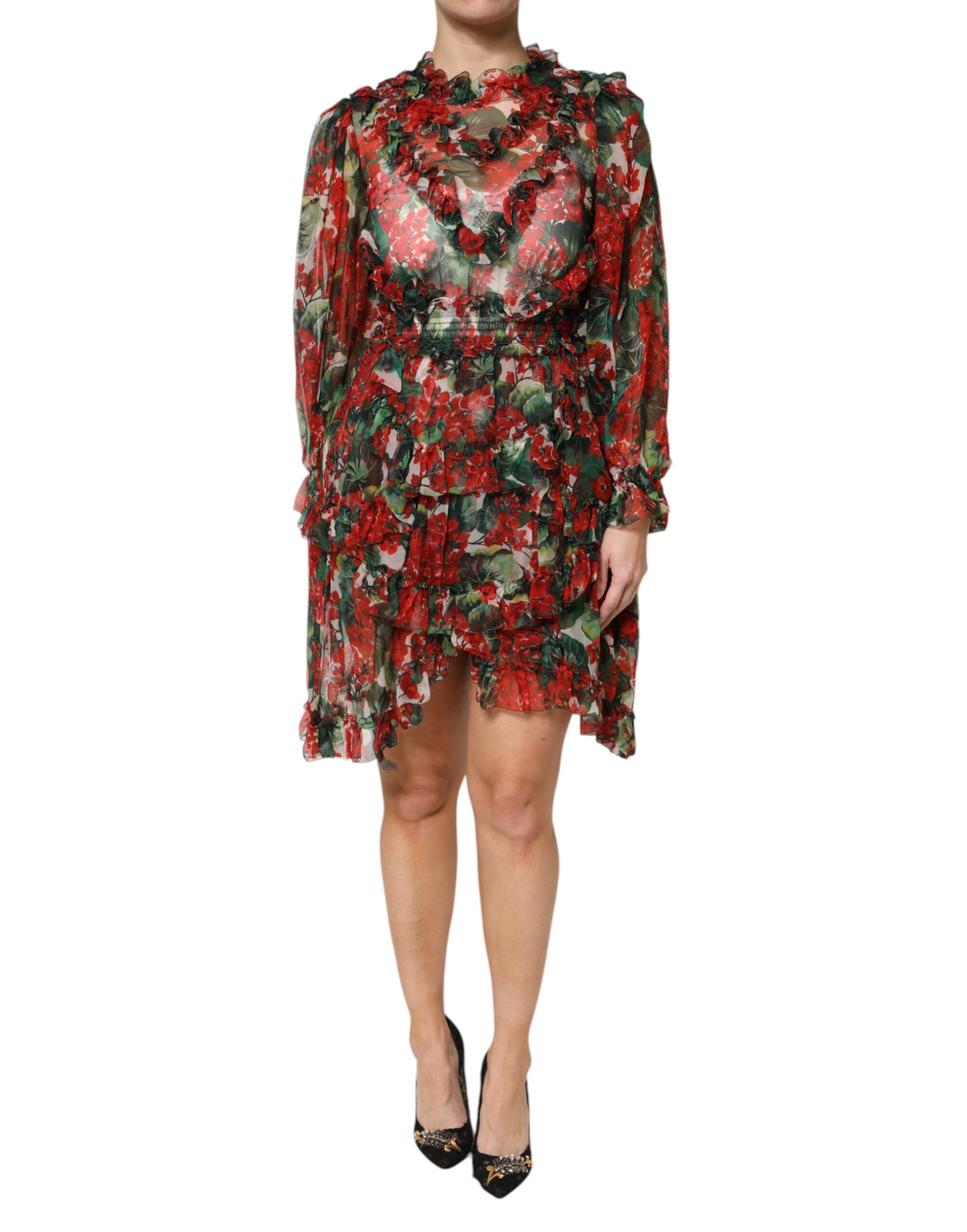 Dolce & Gabbana Multicolor Ruffle Floral Long Sleeves Women's Dress