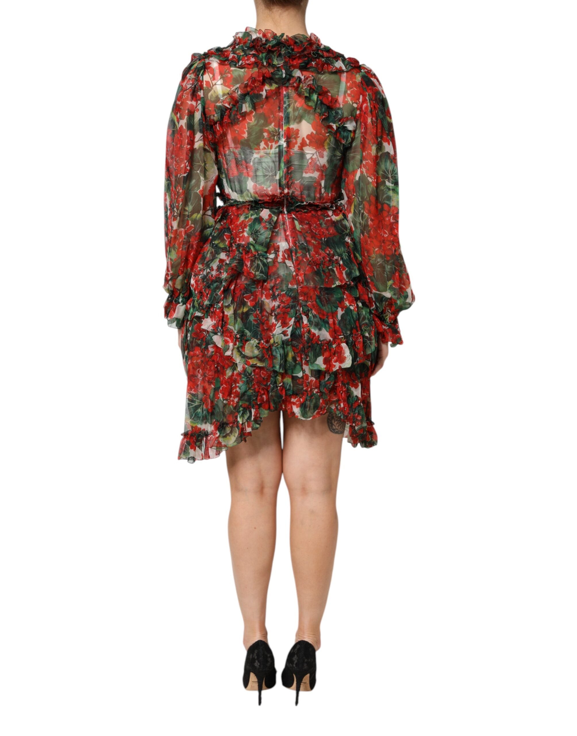 Dolce & Gabbana Multicolor Ruffle Floral Long Sleeves Women's Dress