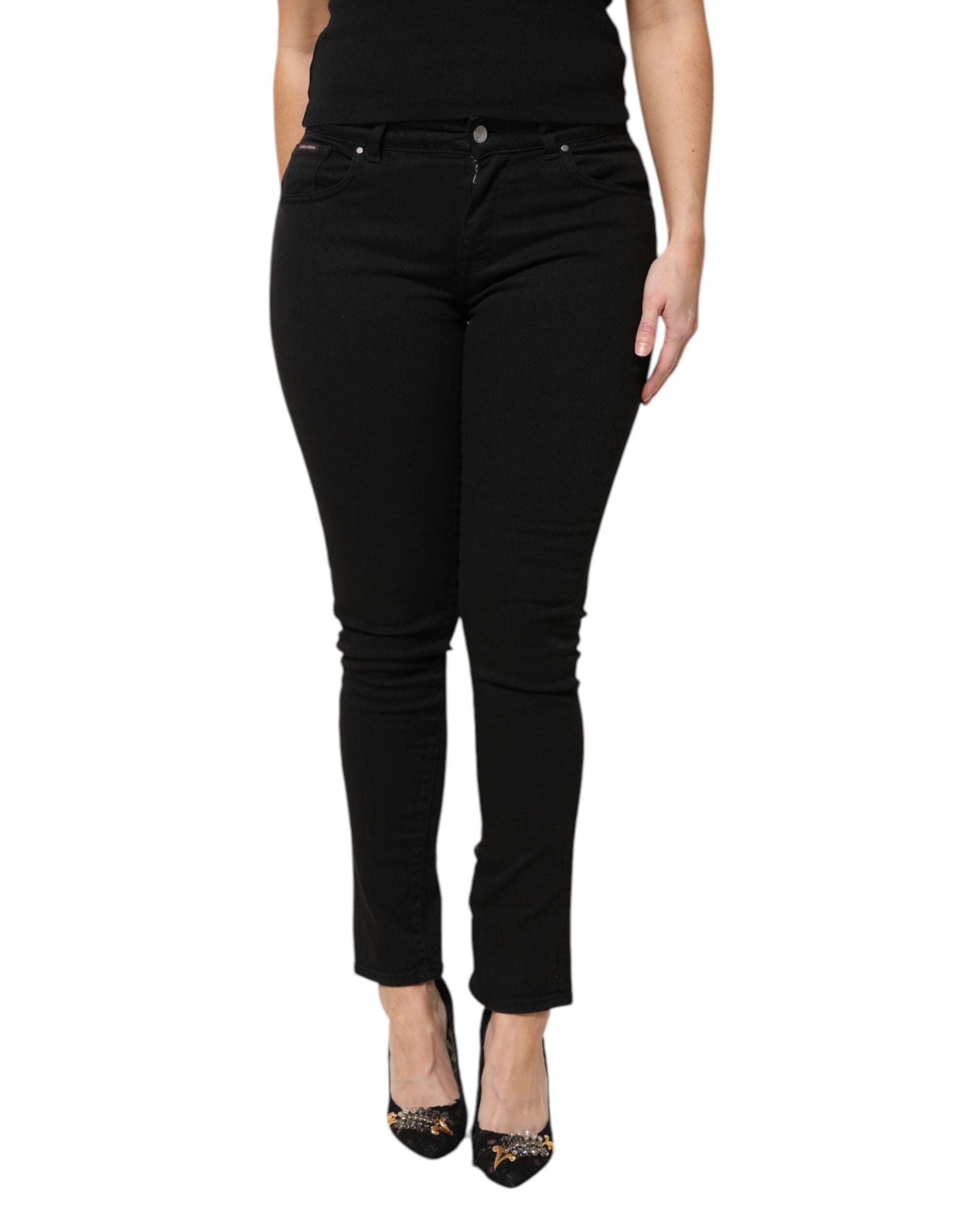 Dolce & Gabbana Black Cotton Logo Mid Waist Skinny Denim Women's Jeans