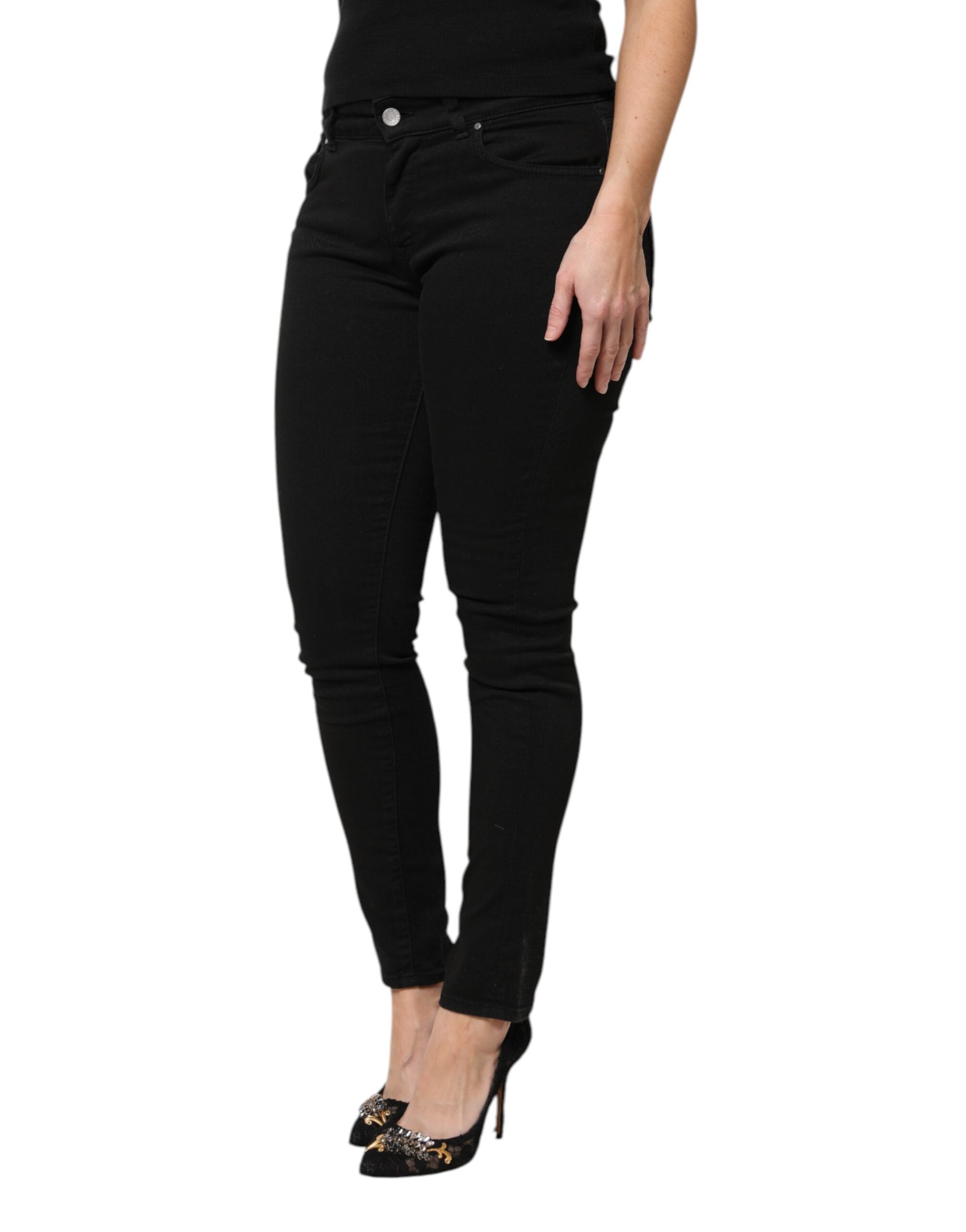 Dolce & Gabbana Black Cotton Logo Mid Waist Skinny Denim Women's Jeans