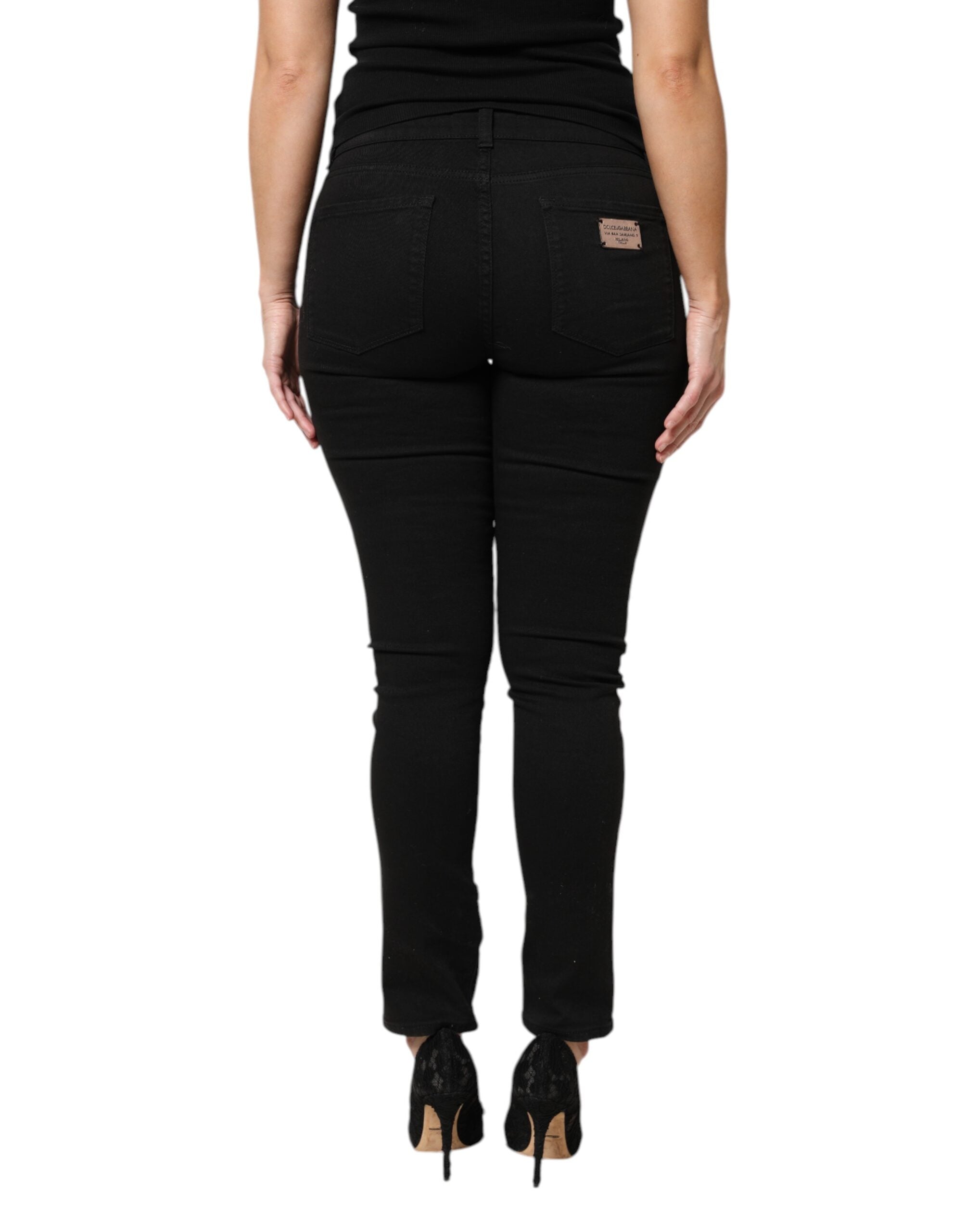 Dolce & Gabbana Black Cotton Logo Mid Waist Skinny Denim Women's Jeans