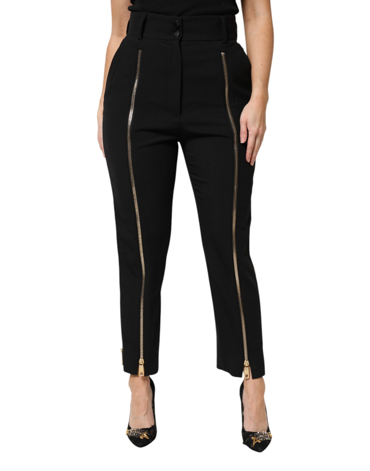 Dolce & Gabbana Black Wool High Waist Zipper Tapered Women's Pants