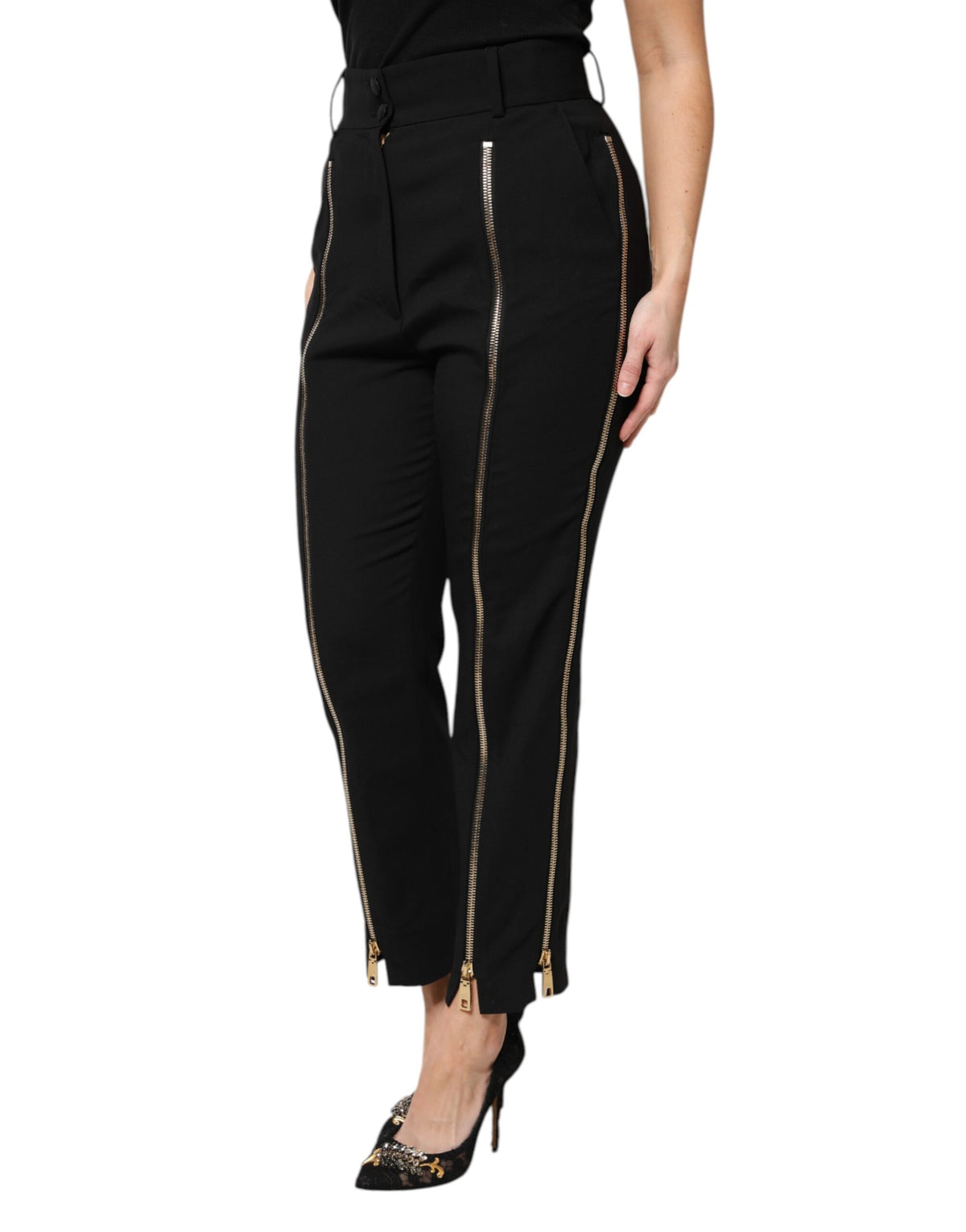 Dolce & Gabbana Black Wool High Waist Zipper Tapered Women's Pants