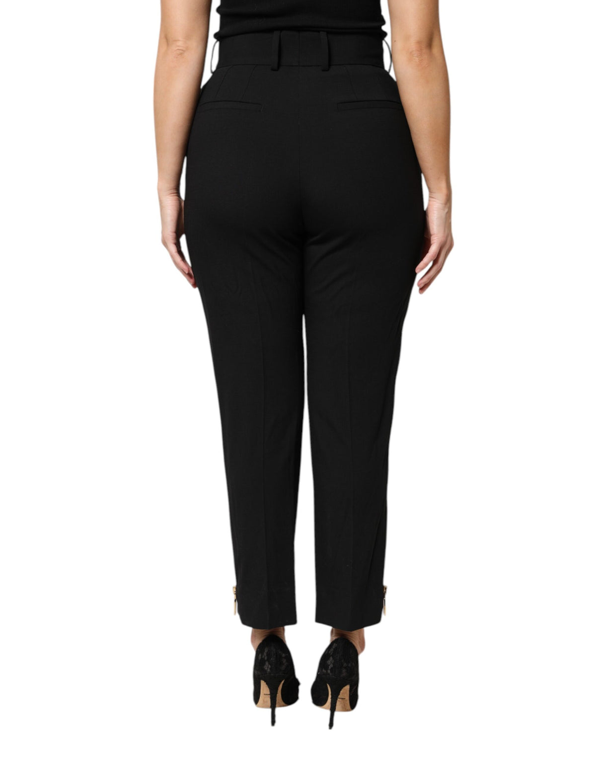 Dolce & Gabbana Black Wool High Waist Zipper Tapered Women's Pants