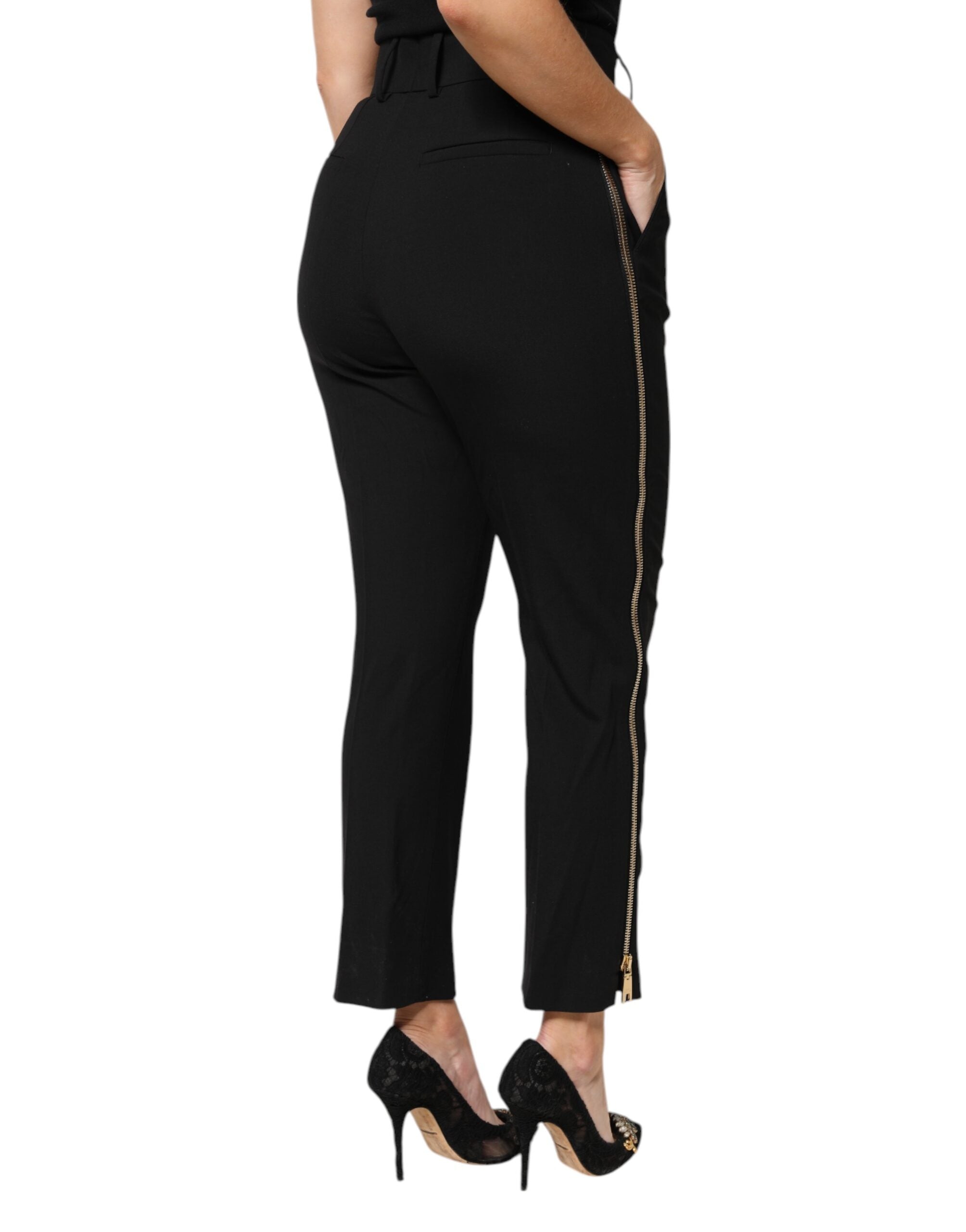 Dolce & Gabbana Black Wool High Waist Zipper Tapered Women's Pants