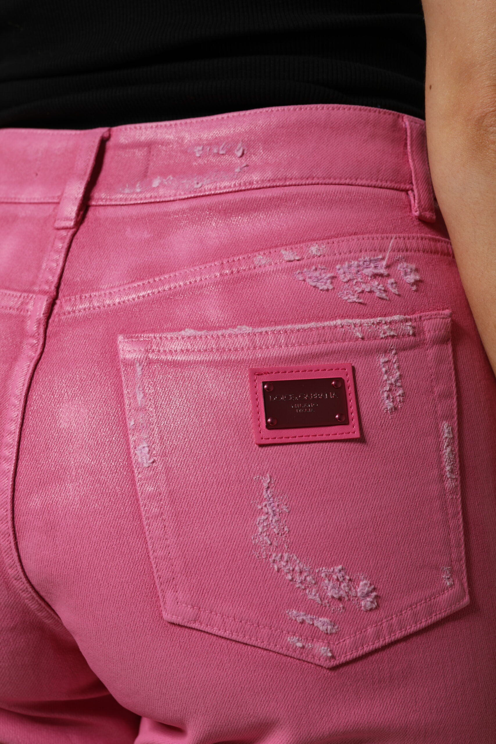 Dolce & Gabbana Pink Tattered Mid Waist Tapered Denim Women's Jeans