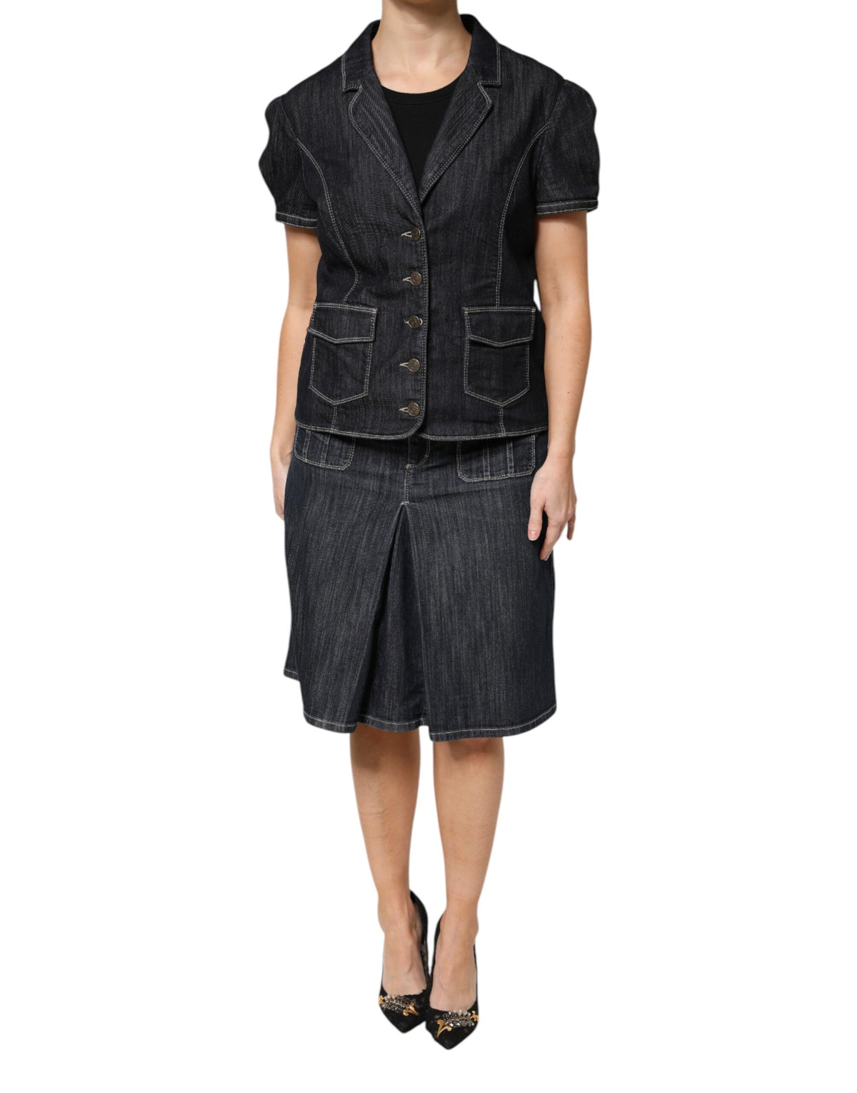 Escada Black Cotton Blend Denim Top Skirt Casual Women's Set (Pre-Owned)