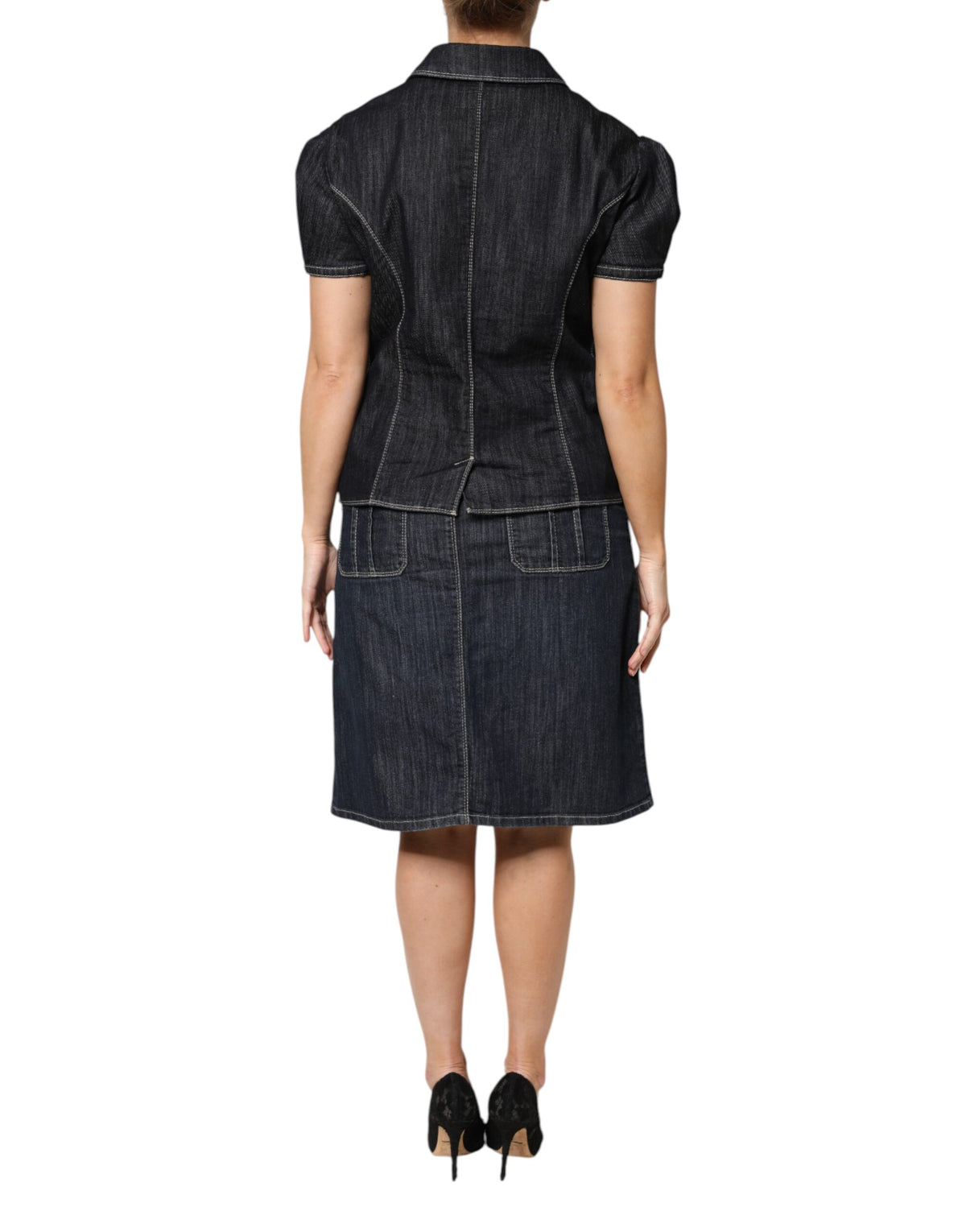 Escada Black Cotton Blend Denim Top Skirt Casual Women's Set (Pre-Owned)