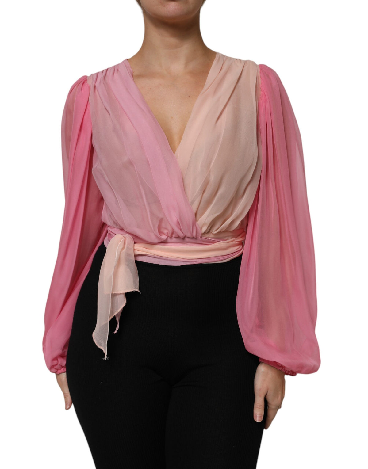 Dolce & Gabbana Pink Plunging V-neck Long Sleeves Blouse Women's Top