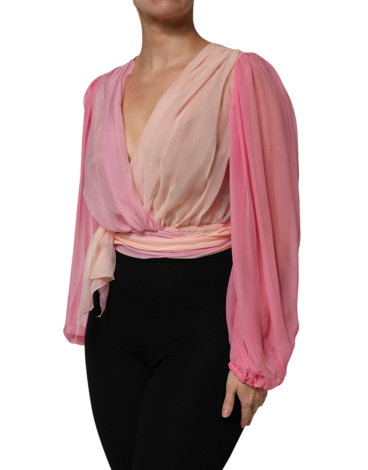 Dolce & Gabbana Pink Plunging V-neck Long Sleeves Blouse Women's Top