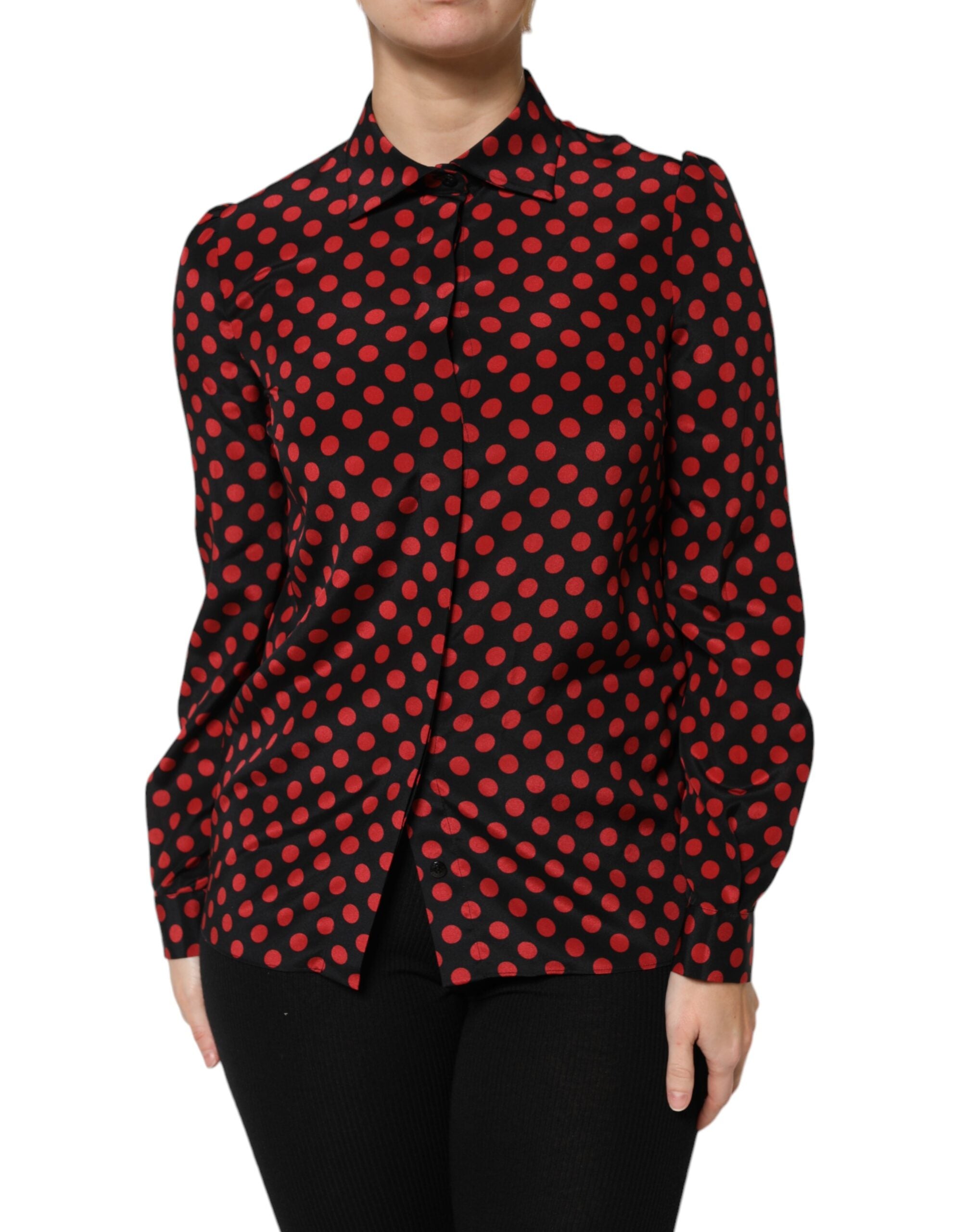 Dolce & Gabbana Black Red Polka Dot Silk Long Sleeves Women's Top (Pre-Owned)