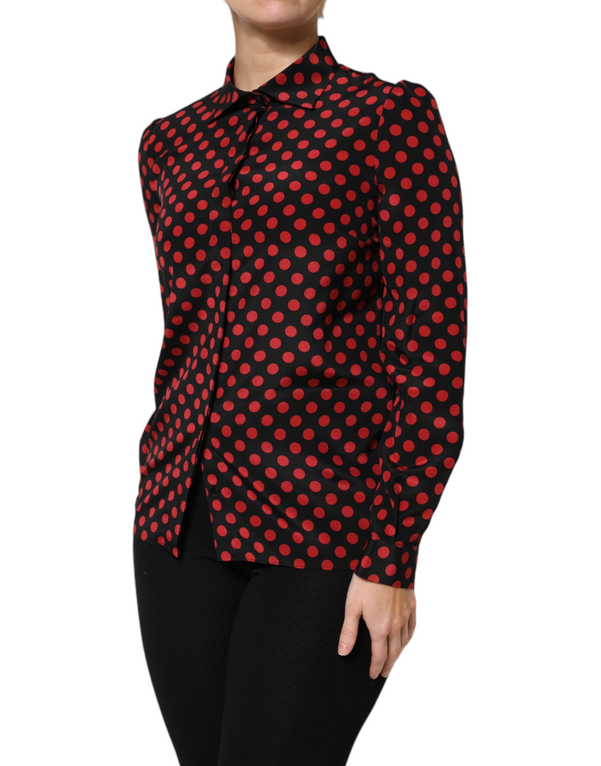 Dolce & Gabbana Black Red Polka Dot Silk Long Sleeves Women's Top (Pre-Owned)