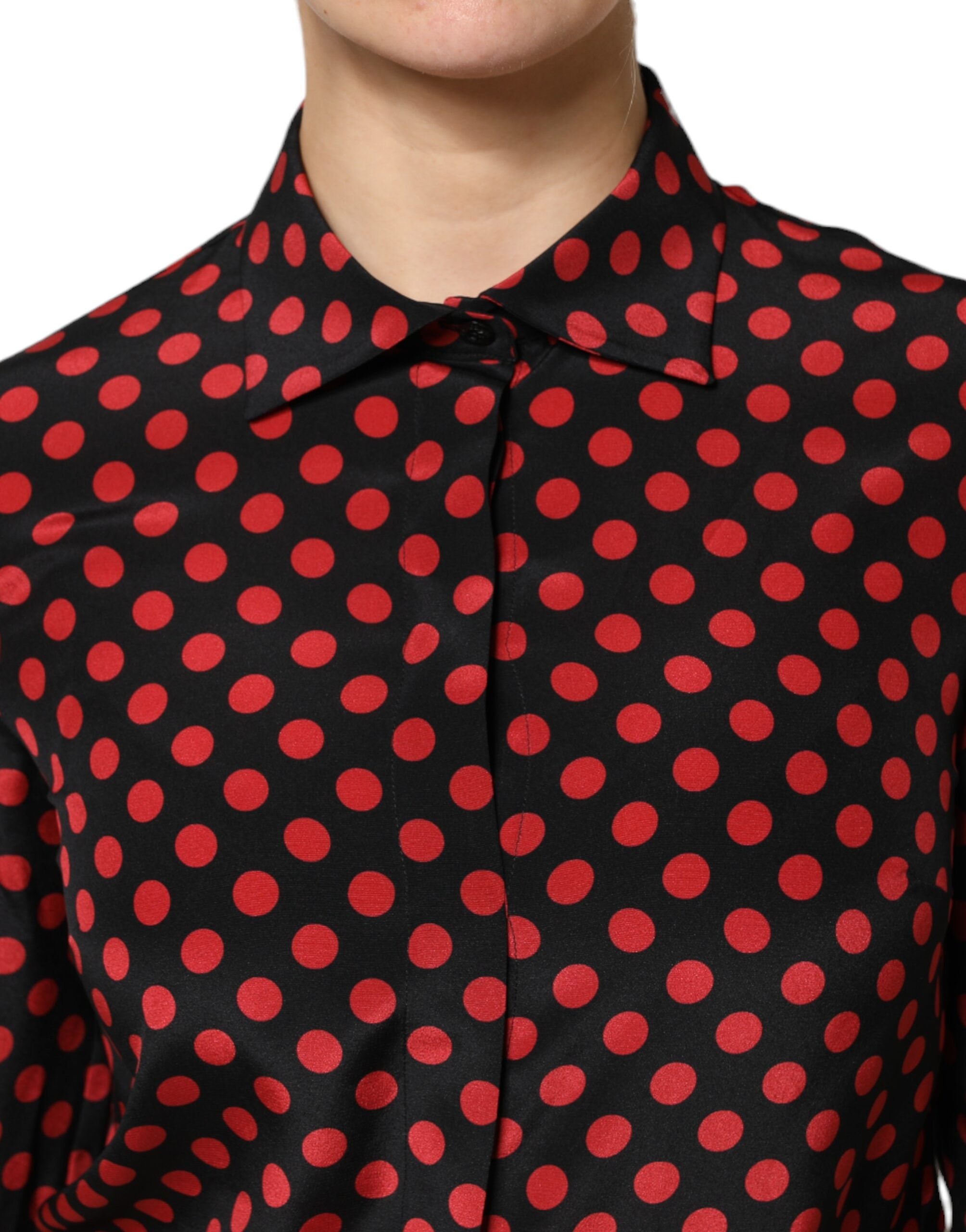 Dolce & Gabbana Black Red Polka Dot Silk Long Sleeves Women's Top (Pre-Owned)