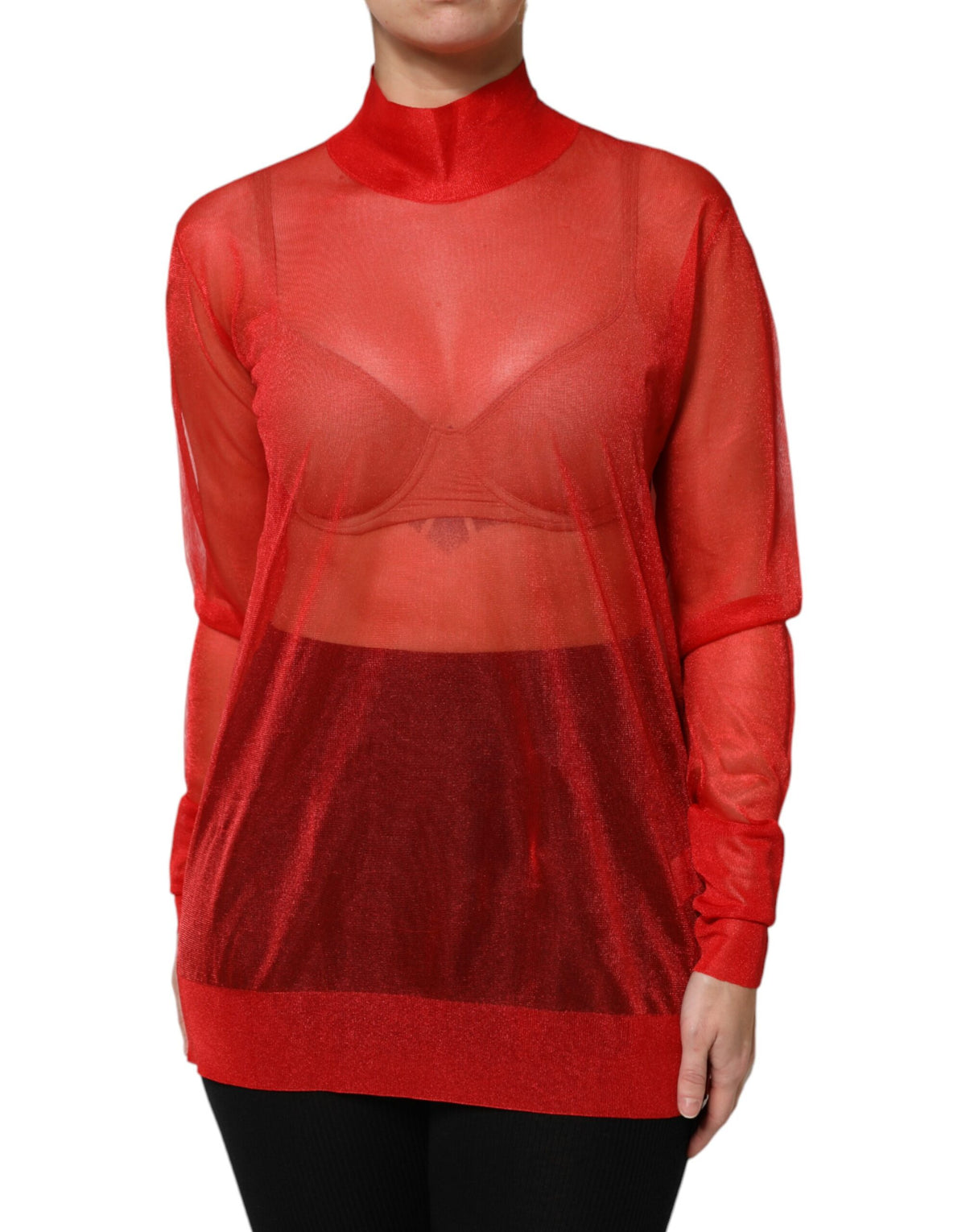 Dolce & Gabbana Red Tulle Turtleneck Long Sleeve Blouse Women's Top (Pre-Owned)