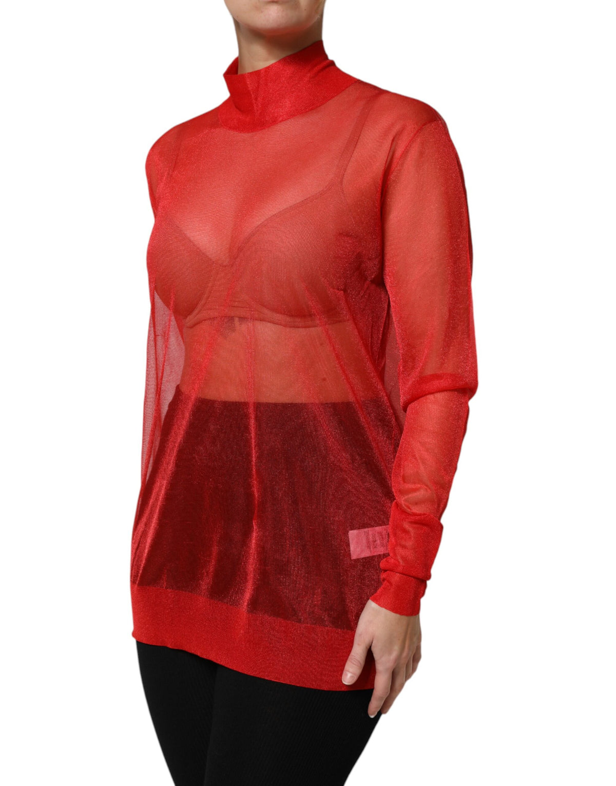 Dolce & Gabbana Red Tulle Turtleneck Long Sleeve Blouse Women's Top (Pre-Owned)