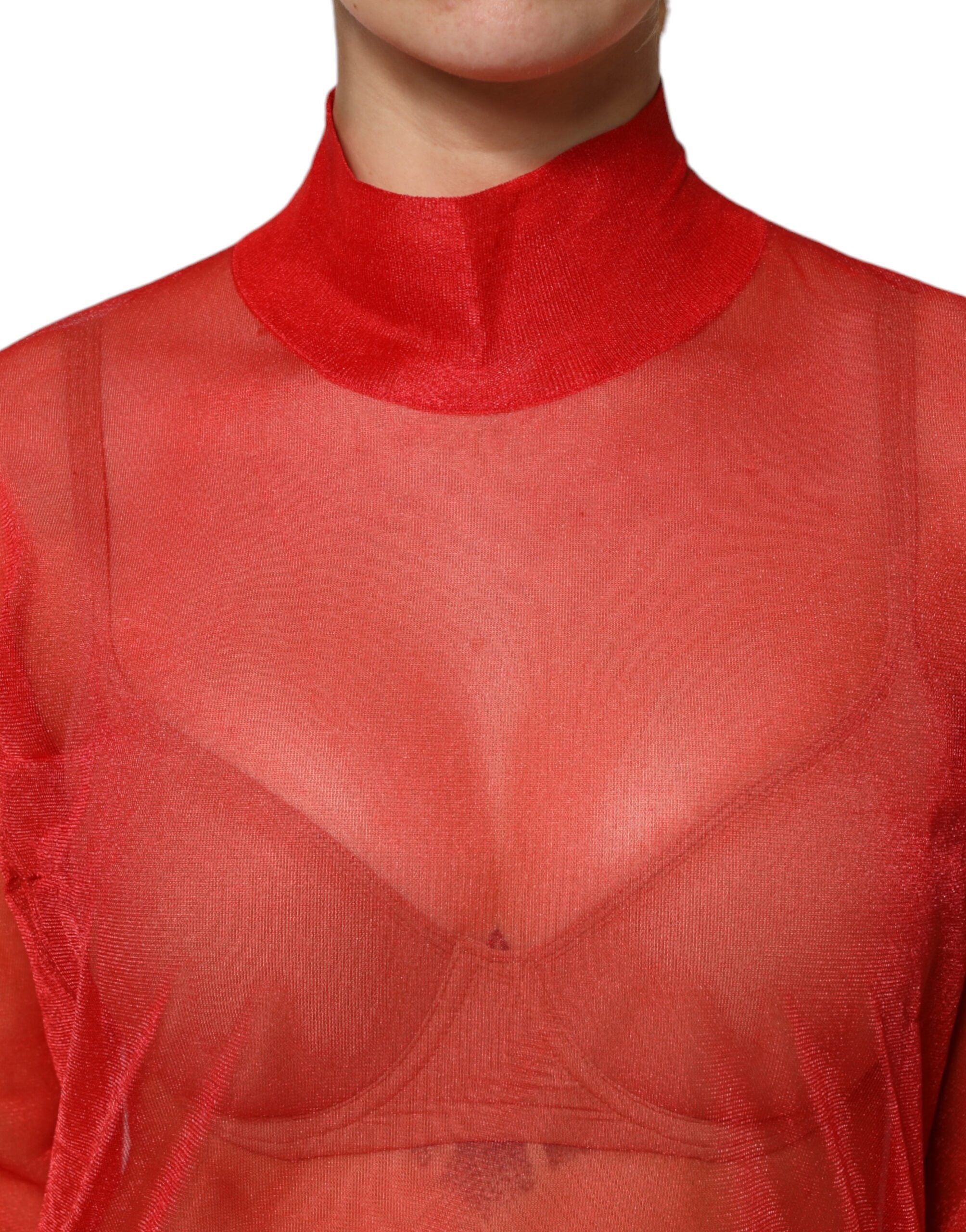 Dolce & Gabbana Red Tulle Turtleneck Long Sleeve Blouse Women's Top (Pre-Owned)