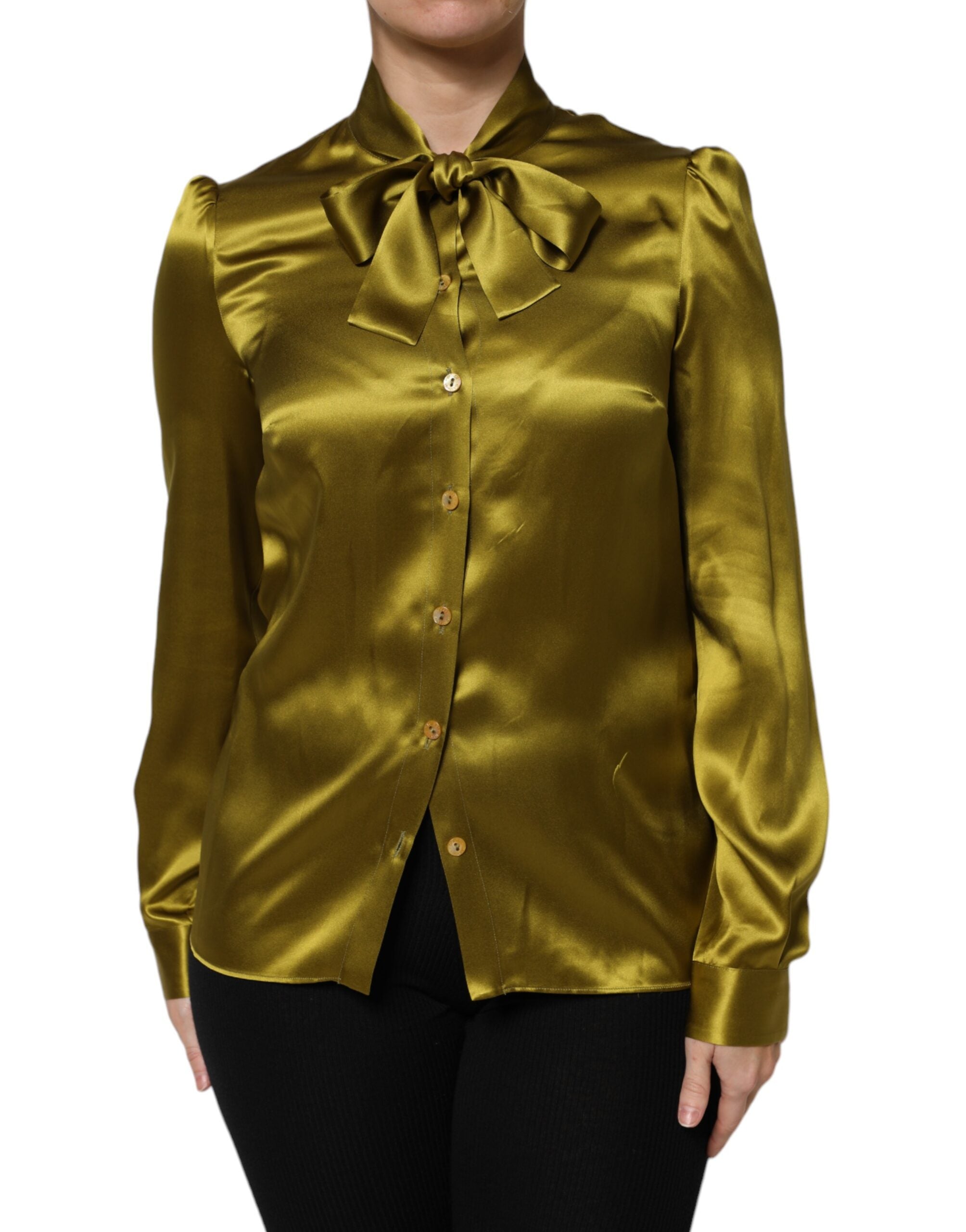 Dolce & Gabbana Green Ascot Collar Long Sleeves Blouse Women's Top (Pre-Owned)
