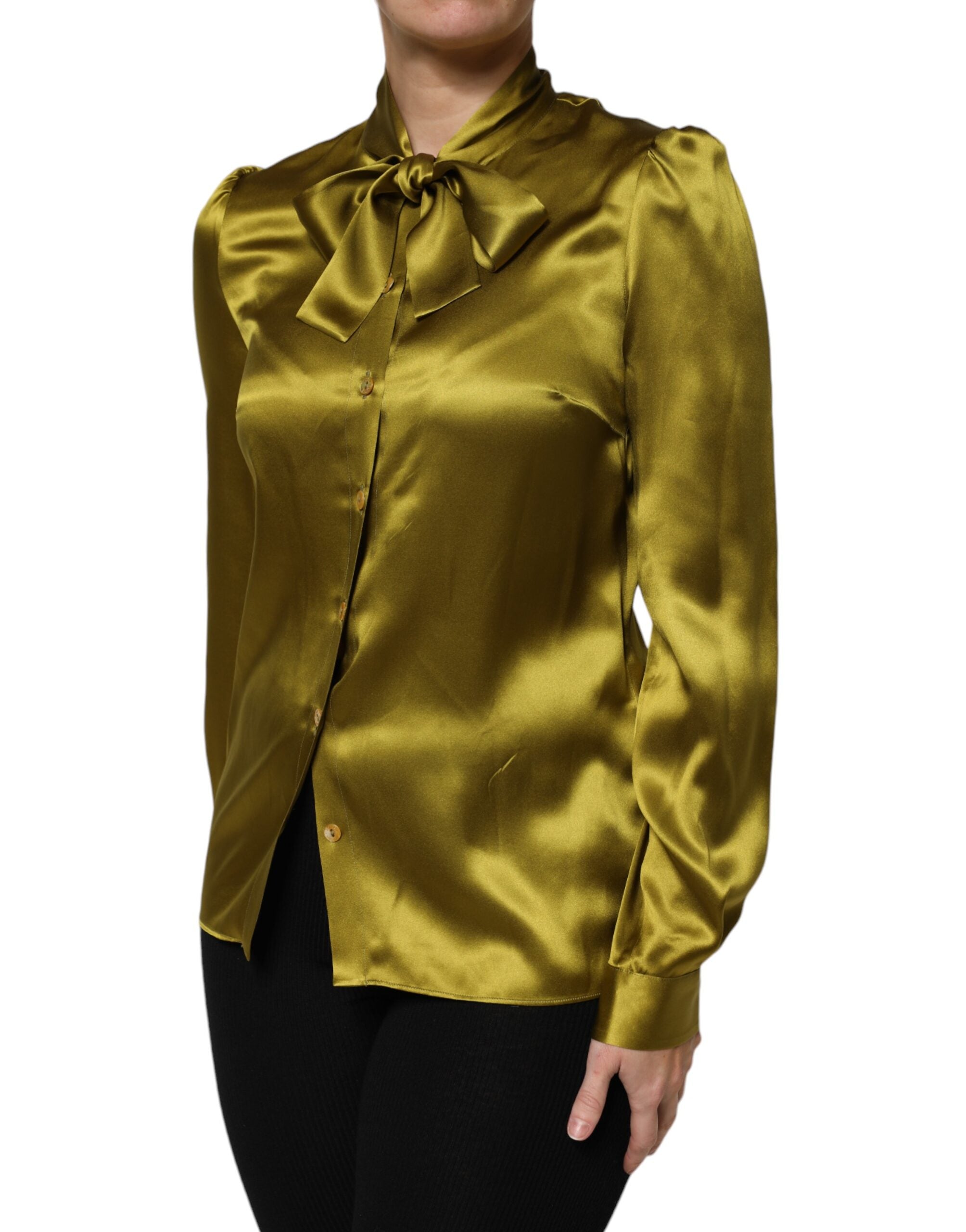 Dolce & Gabbana Green Ascot Collar Long Sleeves Blouse Women's Top (Pre-Owned)