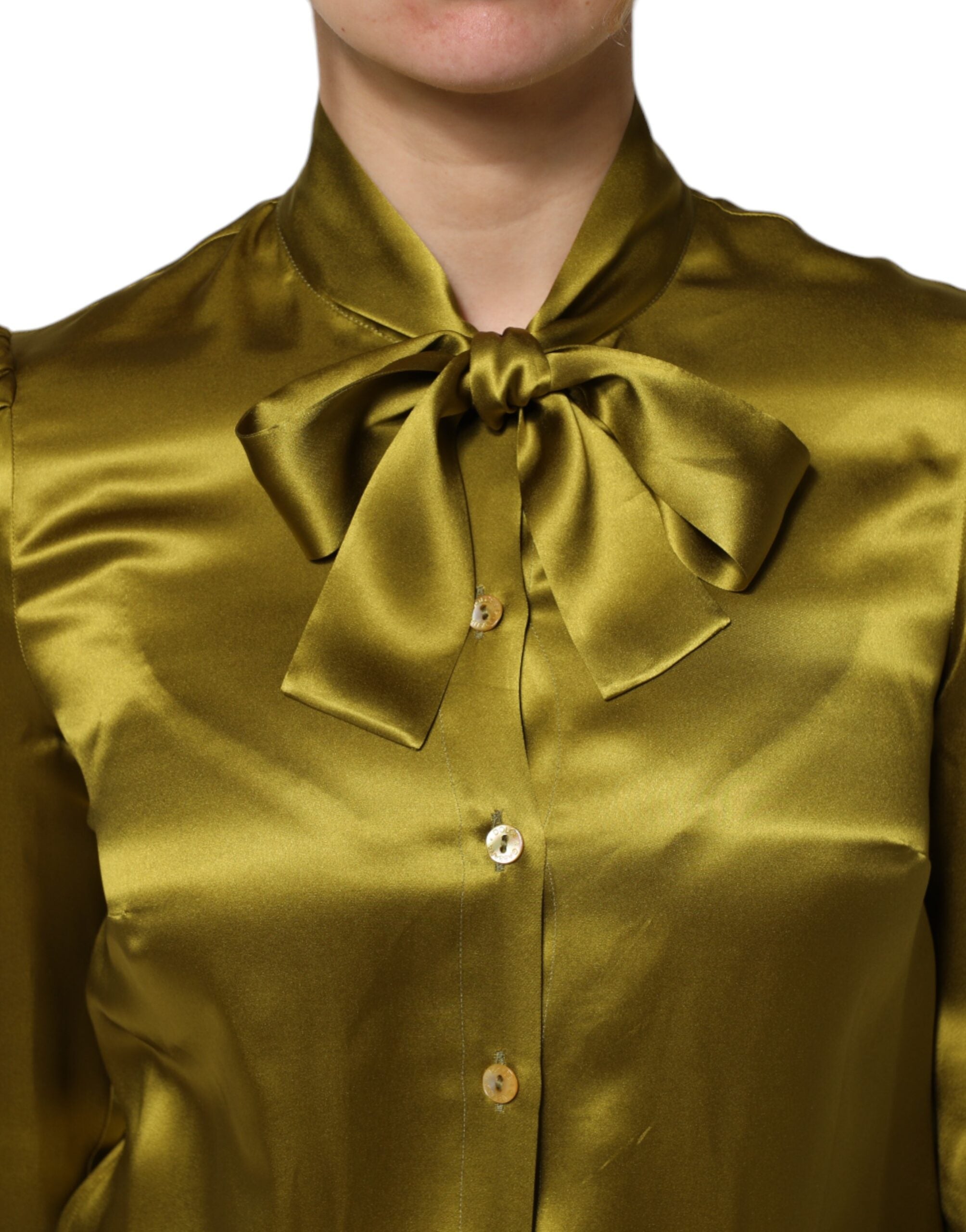 Dolce & Gabbana Green Ascot Collar Long Sleeves Blouse Women's Top (Pre-Owned)
