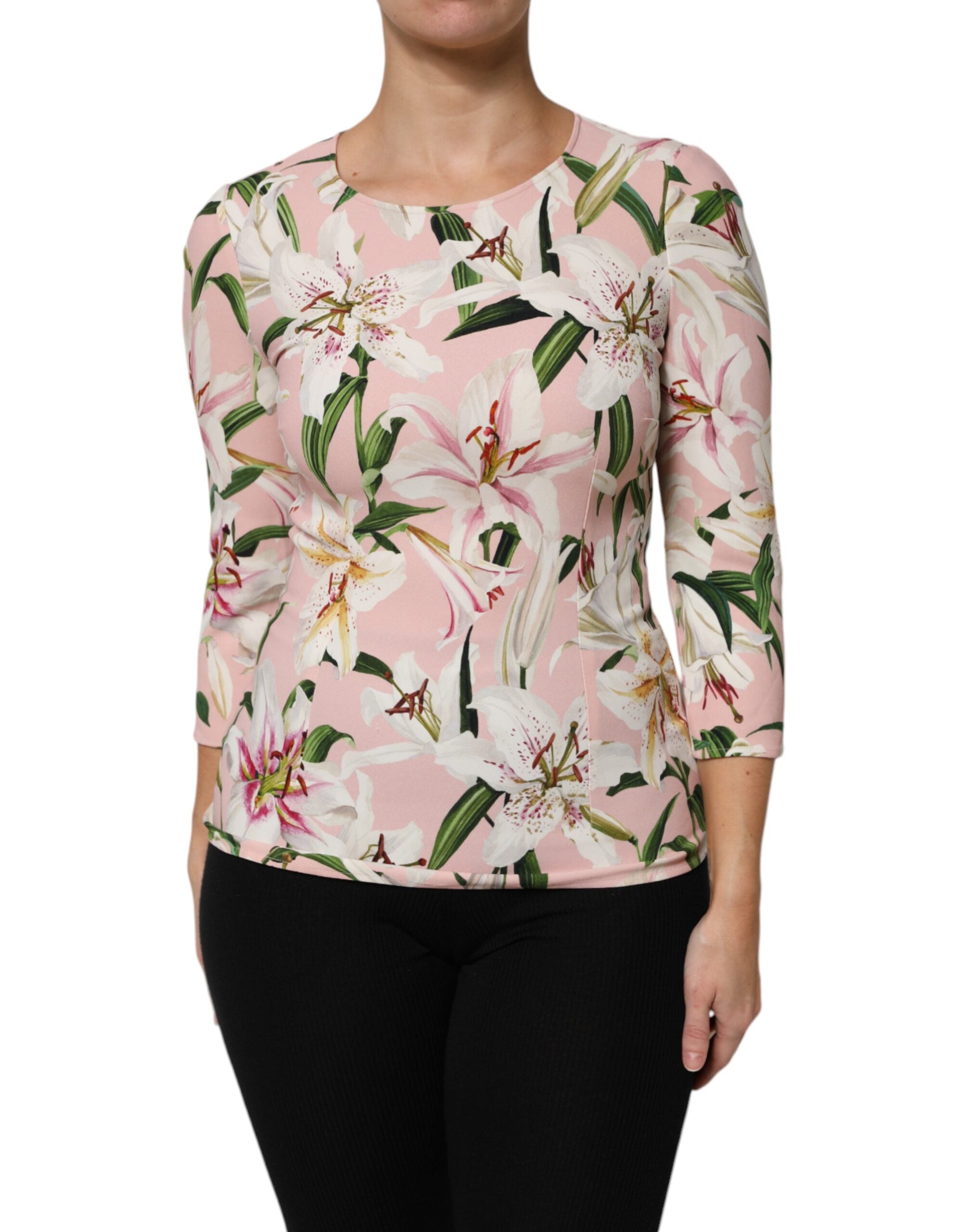 Dolce & Gabbana Pink Lily Print Viscose Round Neck Blouse Women's Top (Pre-Owned)