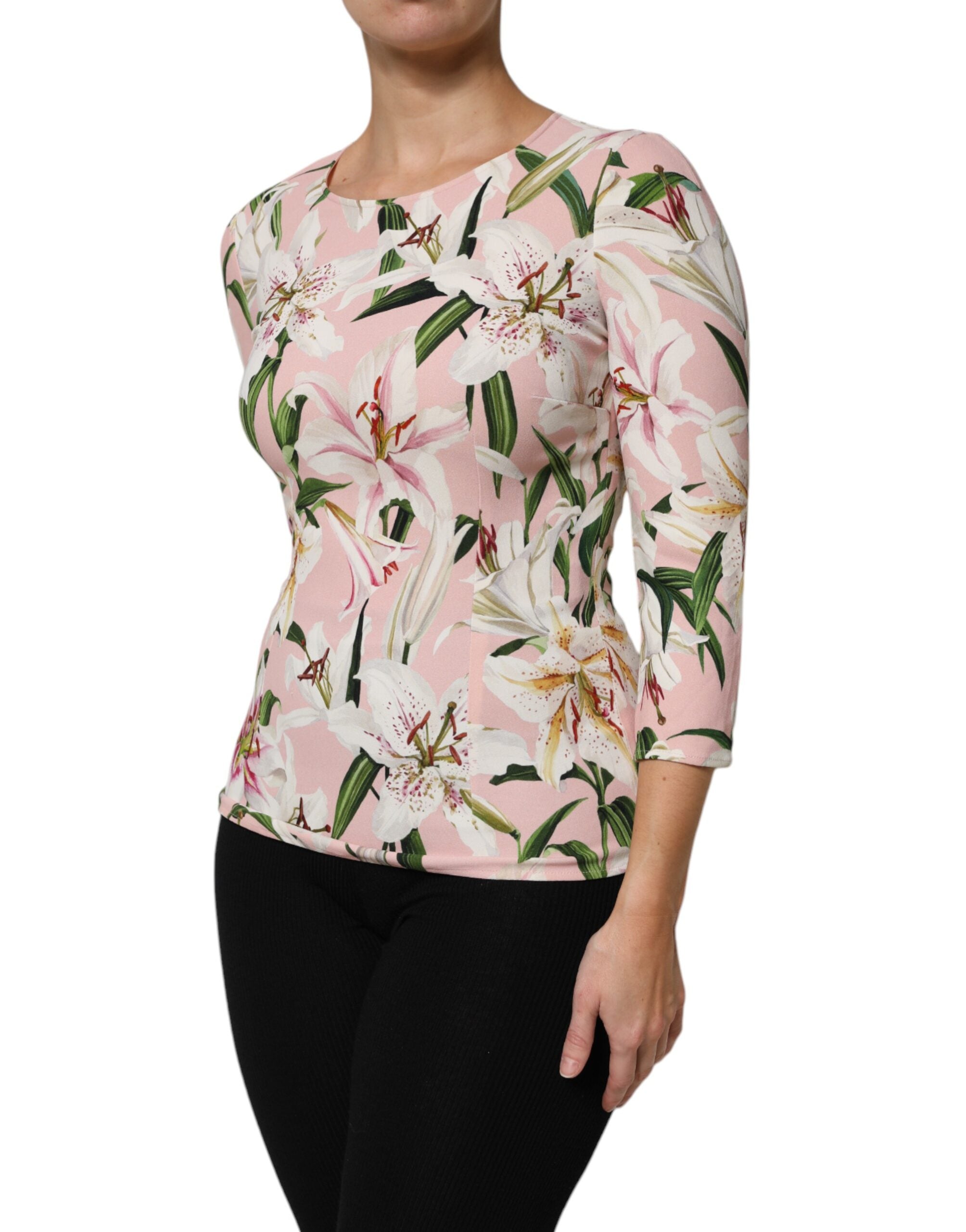 Dolce & Gabbana Pink Lily Print Viscose Round Neck Blouse Women's Top (Pre-Owned)