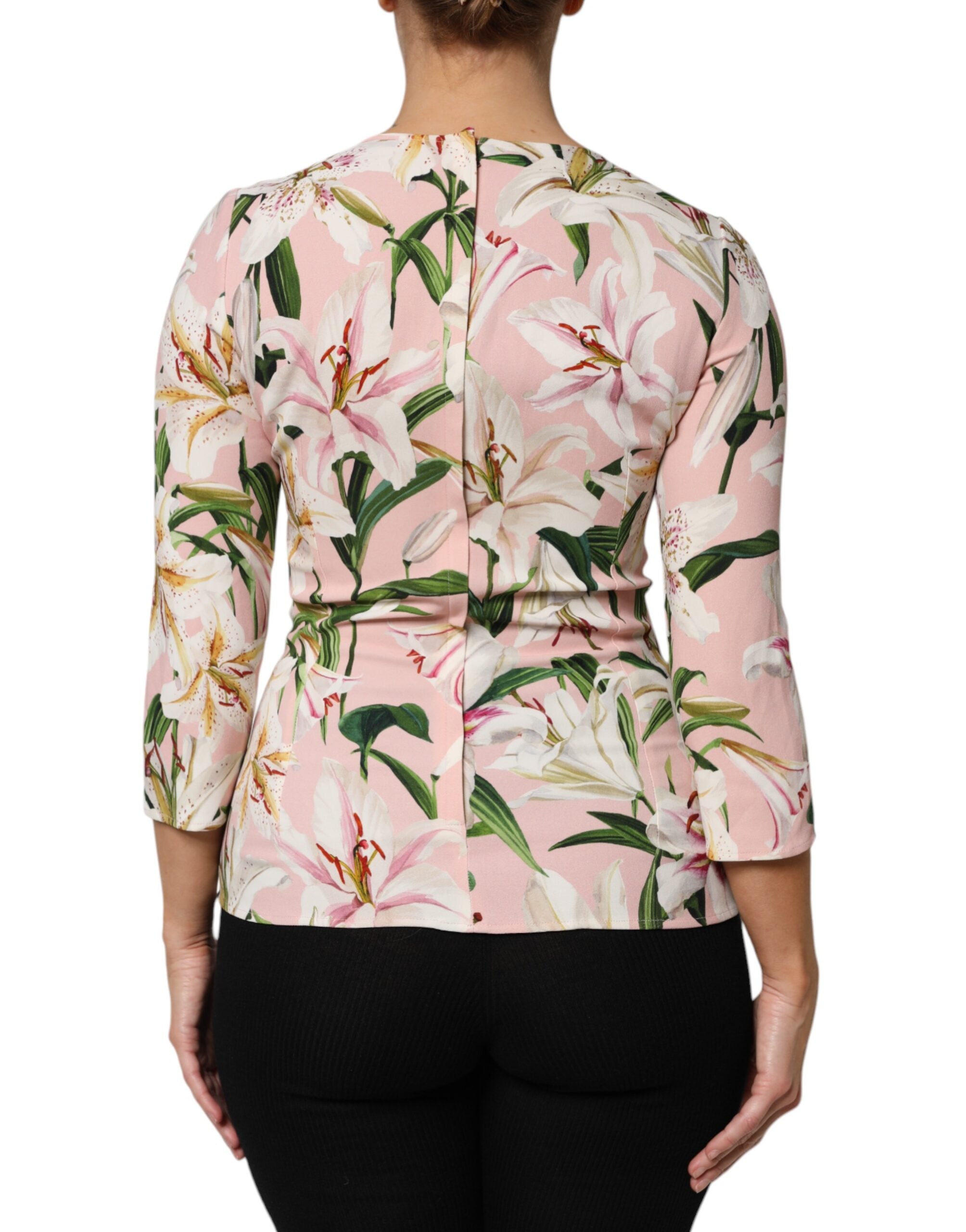 Dolce & Gabbana Pink Lily Print Viscose Round Neck Blouse Women's Top (Pre-Owned)