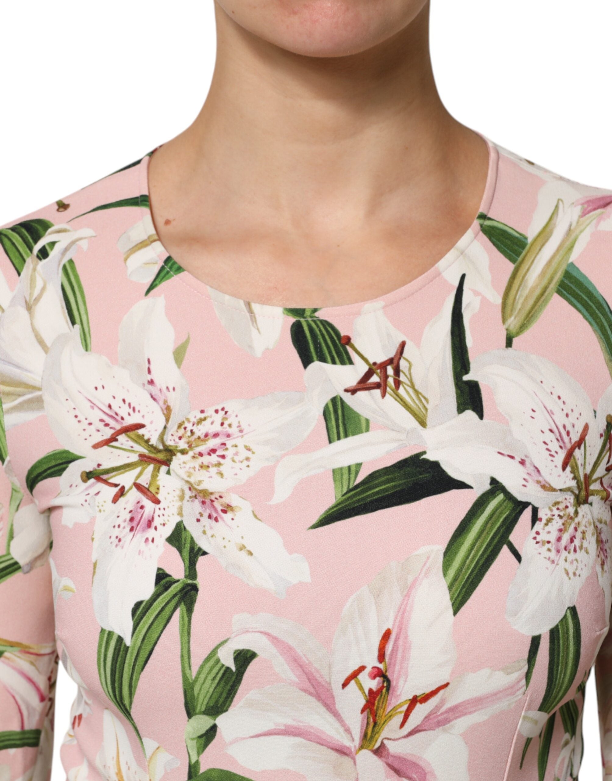 Dolce & Gabbana Pink Lily Print Viscose Round Neck Blouse Women's Top (Pre-Owned)