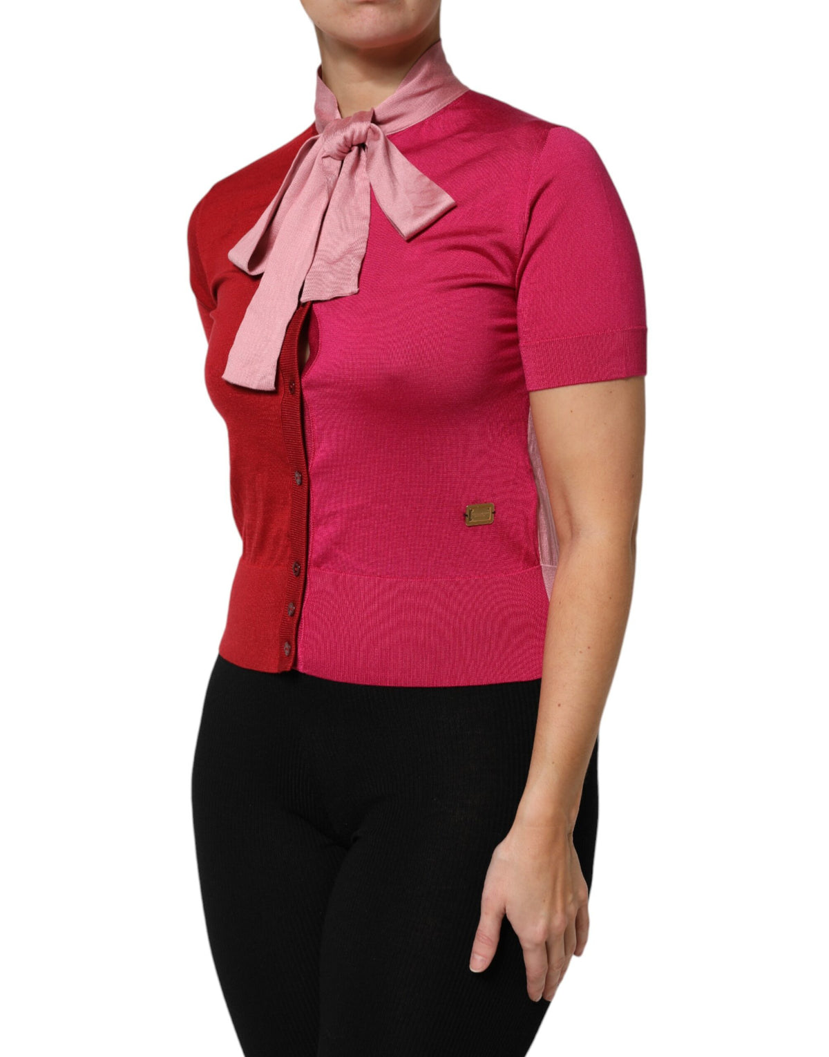 Dolce & Gabbana Pink Short Sleeves Buttoned Ascot Collar Women's Top