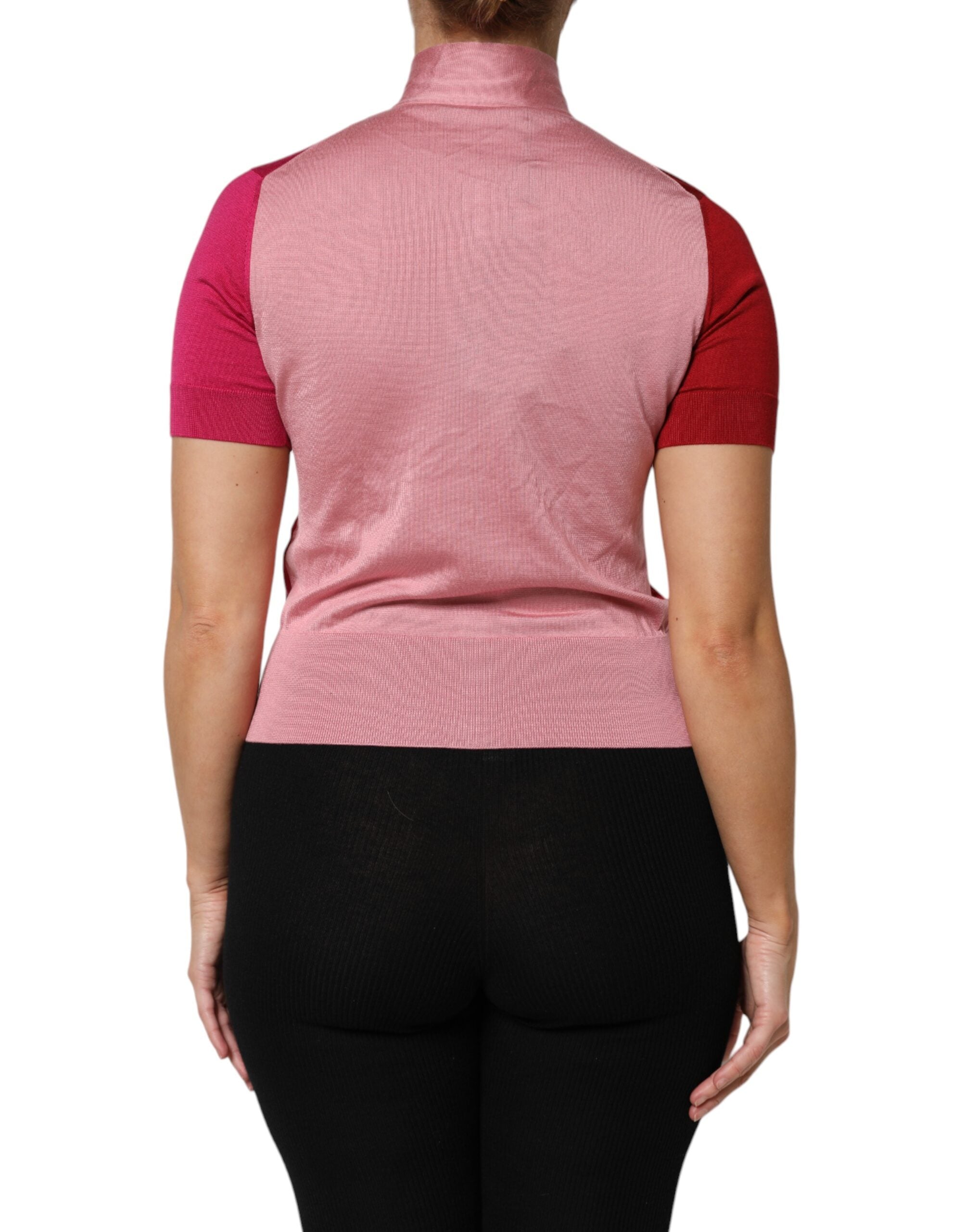 Dolce & Gabbana Pink Short Sleeves Buttoned Ascot Collar Women's Top