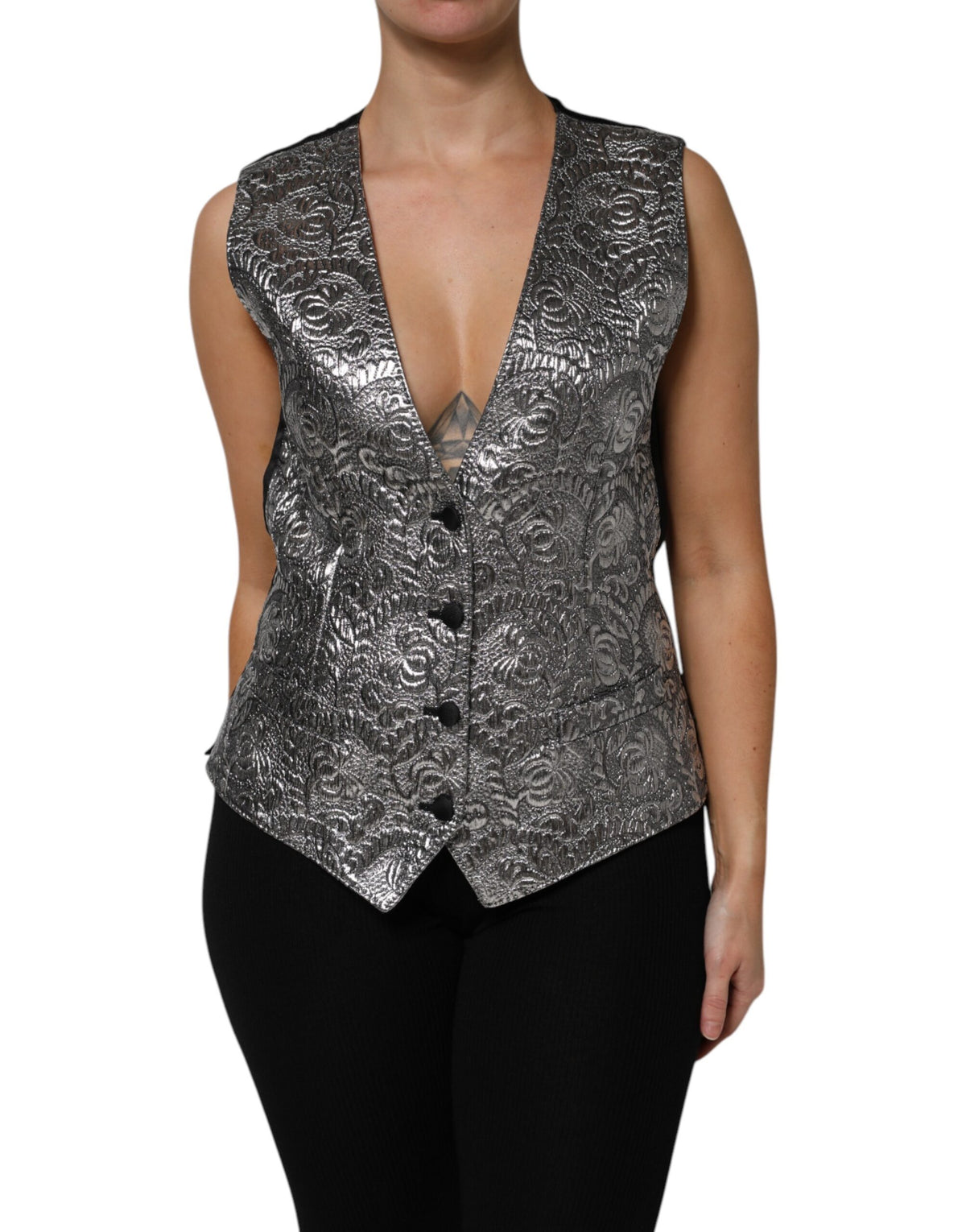 Dolce & Gabbana Silver Floral Jacquard Sleeveless Vest Women's Top
