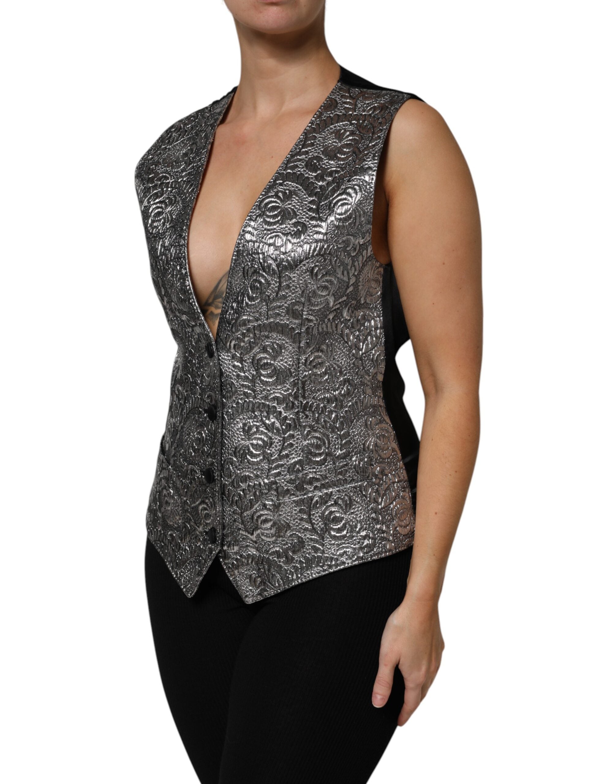 Dolce & Gabbana Silver Floral Jacquard Sleeveless Vest Women's Top