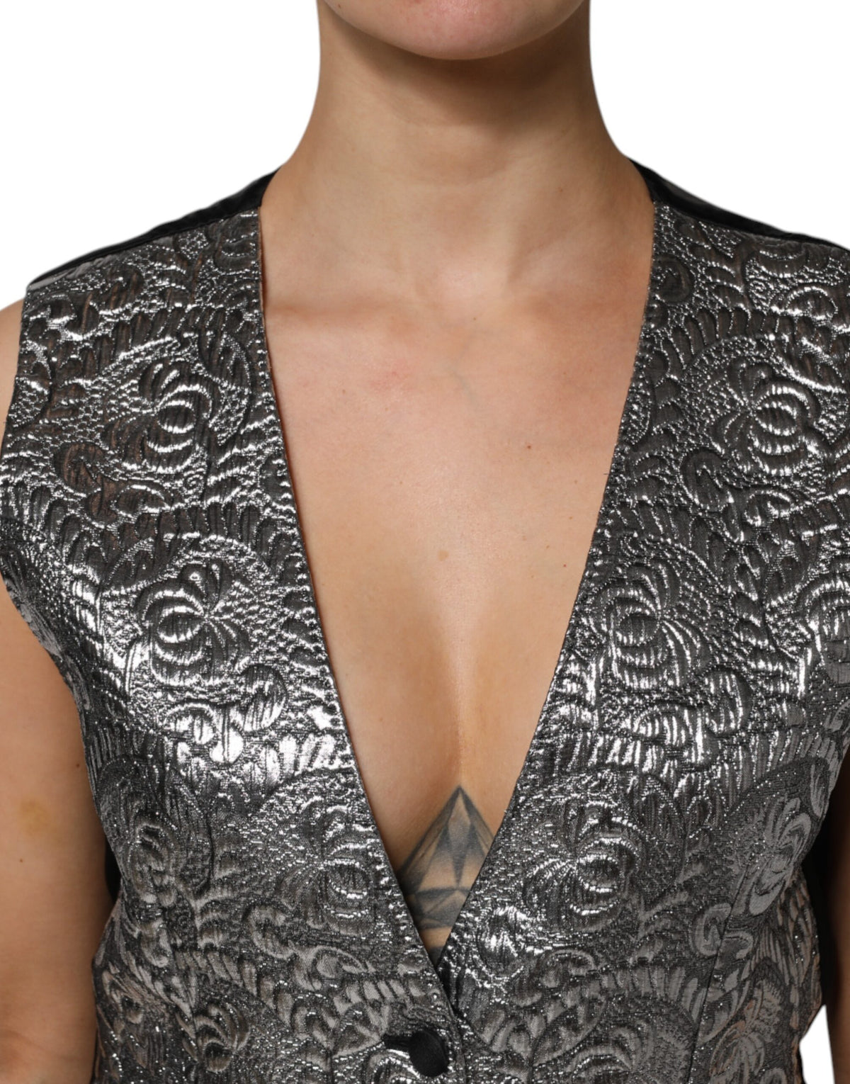 Dolce & Gabbana Silver Floral Jacquard Sleeveless Vest Women's Top