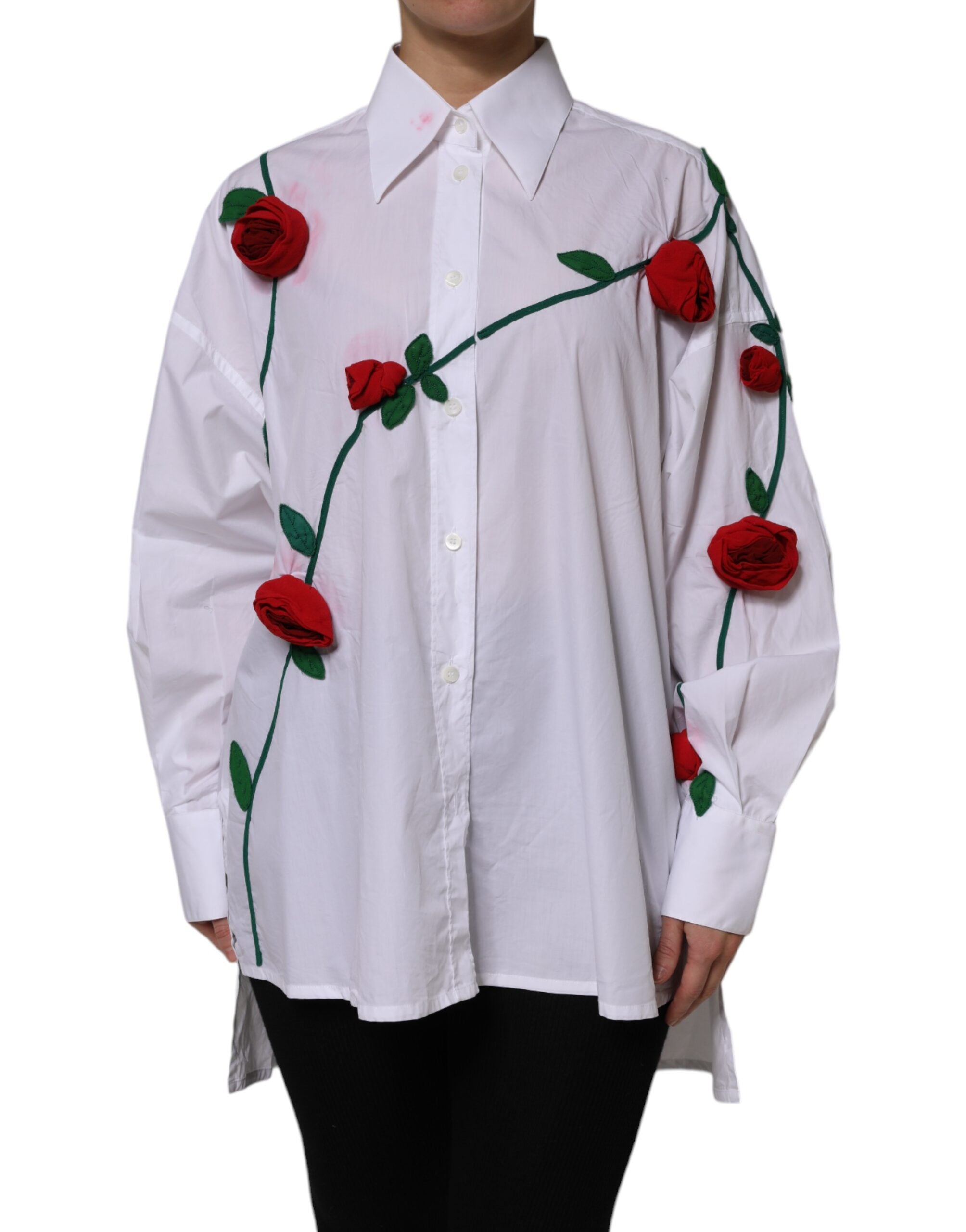 Dolce & Gabbana White Cotton Floral Appliques Dress Shirt Women's Top (Pre-Owned)
