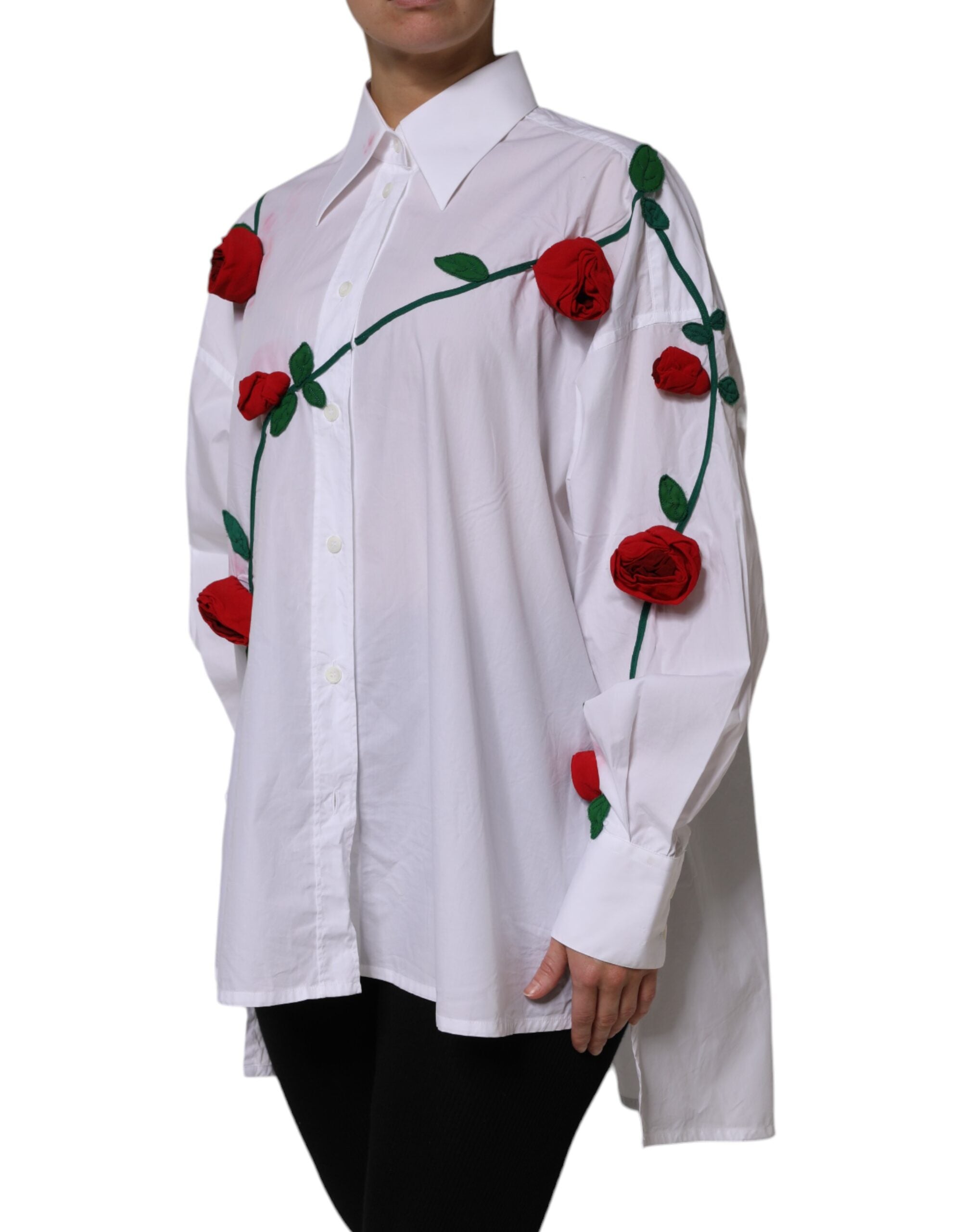 Dolce & Gabbana White Cotton Floral Appliques Dress Shirt Women's Top (Pre-Owned)