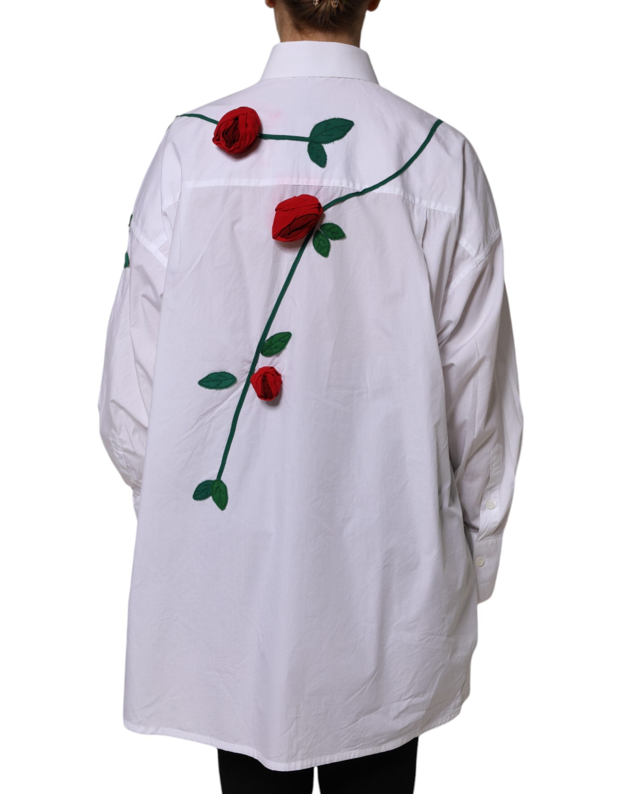 Dolce & Gabbana White Cotton Floral Appliques Dress Shirt Women's Top (Pre-Owned)