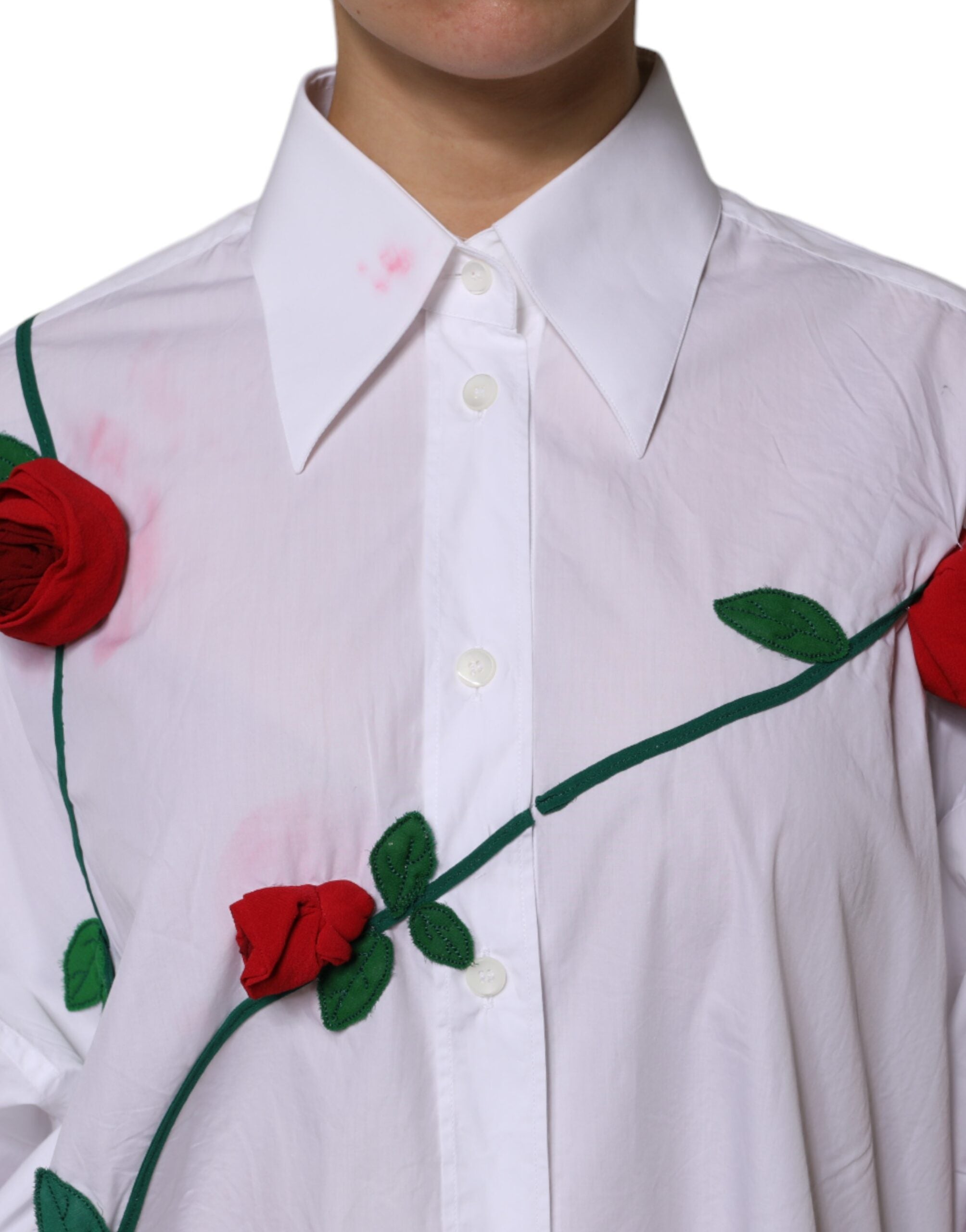 Dolce & Gabbana White Cotton Floral Appliques Dress Shirt Women's Top (Pre-Owned)