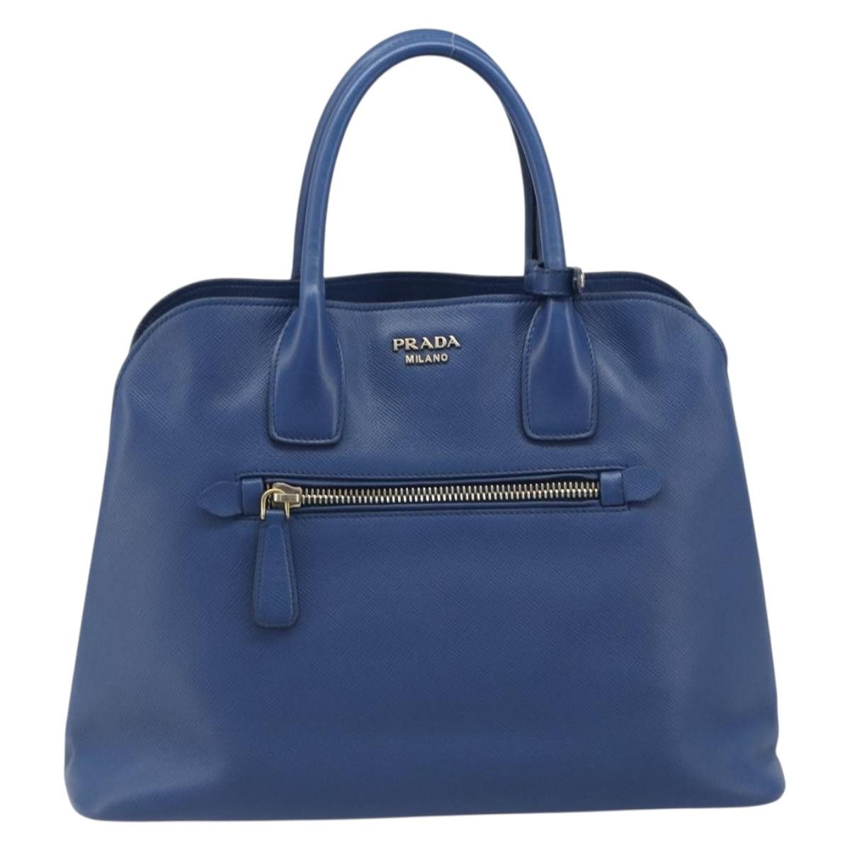 Prada Cuir Promenade Front Zip Tote Leather Blue Leather Handbag (Pre-Owned)