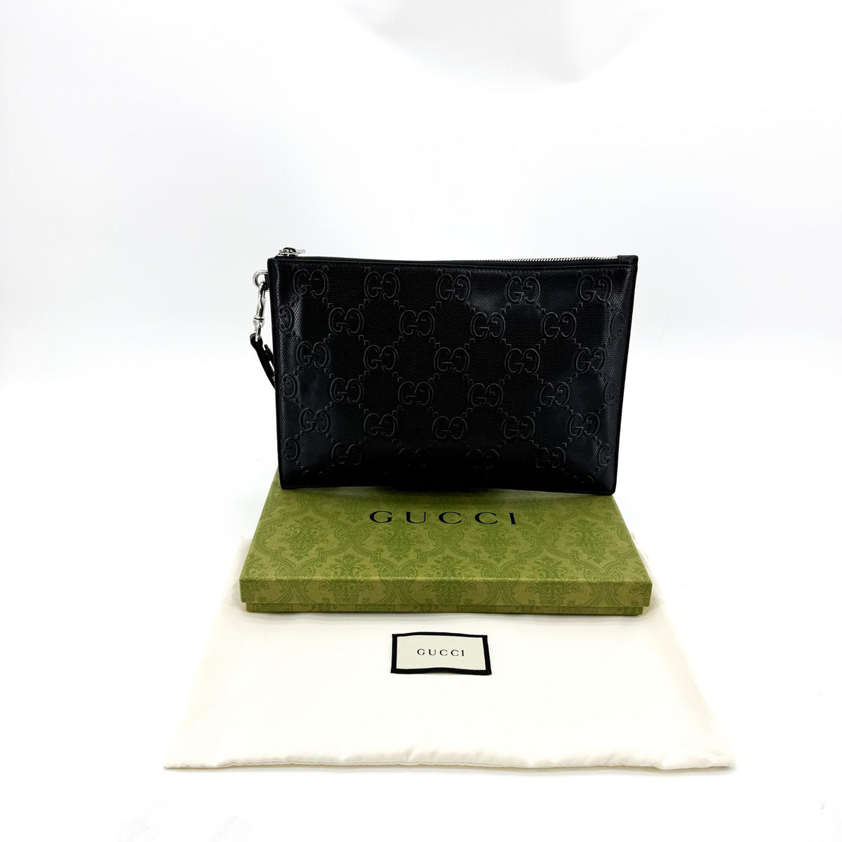 Gucci Wristlet Gg Embossed Perforated Leather Black Leather Clutche & Pouche Bag (Pre-Owned)