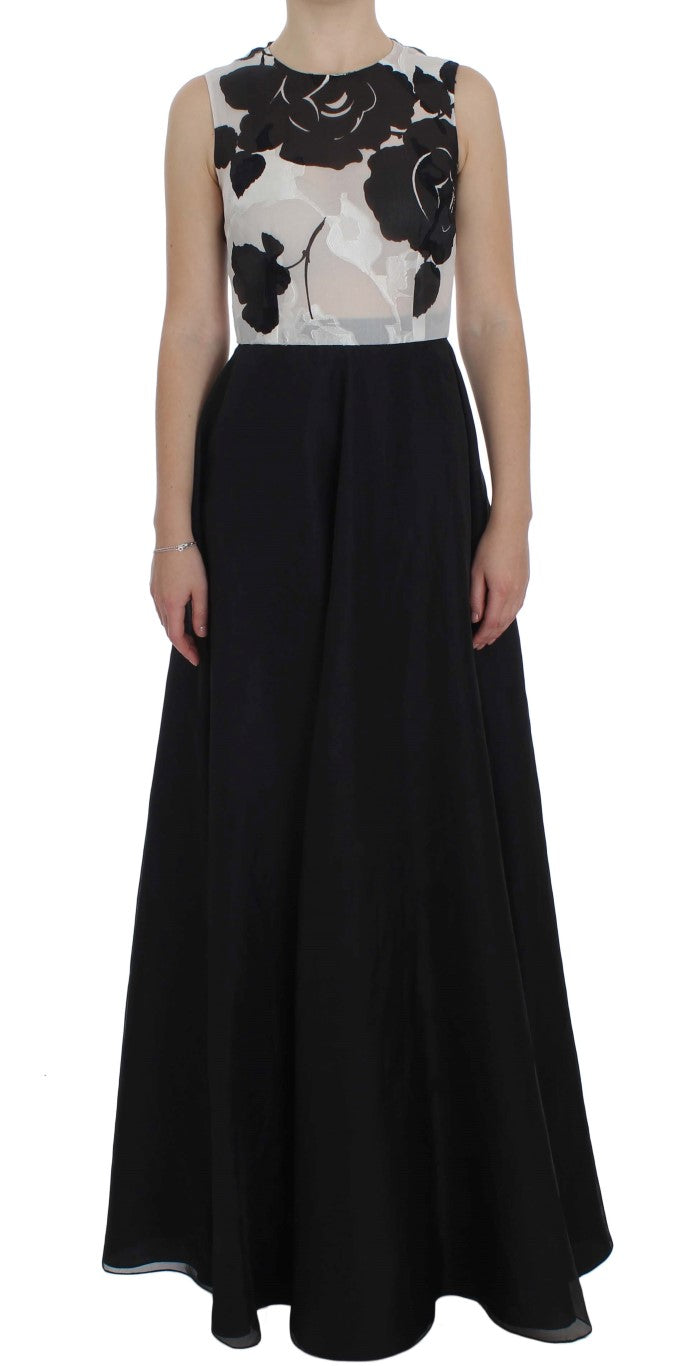 Dolce & Gabbana Black White Floral Silk Sheath Gown Women's Dress