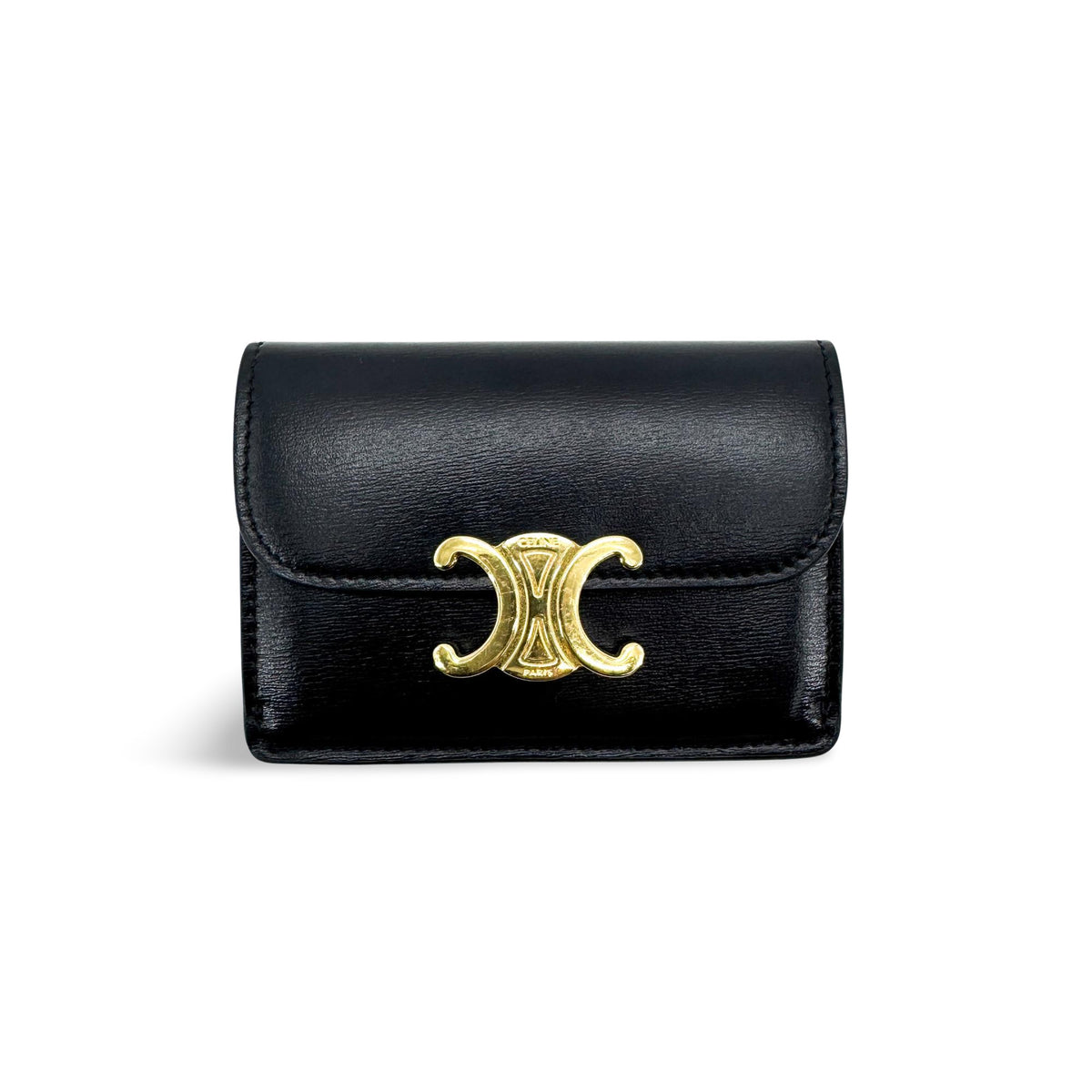 Celine Triomphe Card Case Leather Black Leather Card Holders Accessory (Pre-Owned)