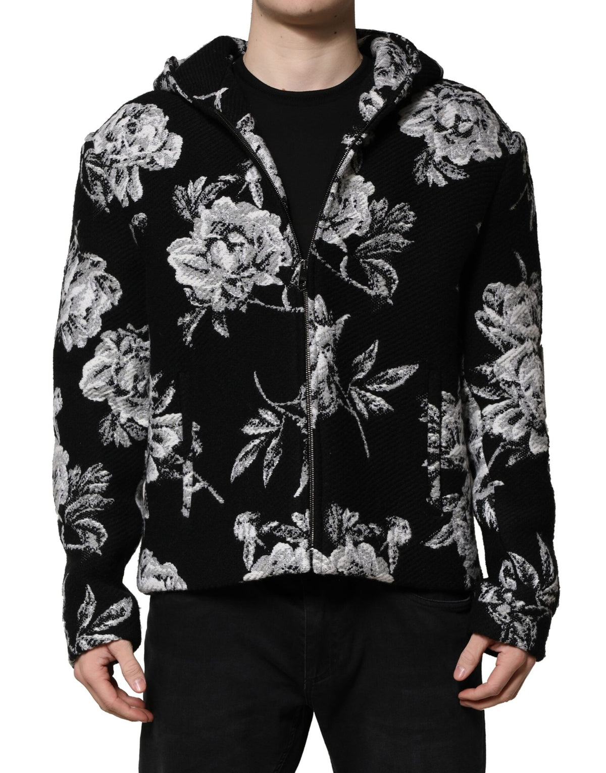 Dolce & Gabbana Black Wool Floral Printed Men Hooded Men's Jacket