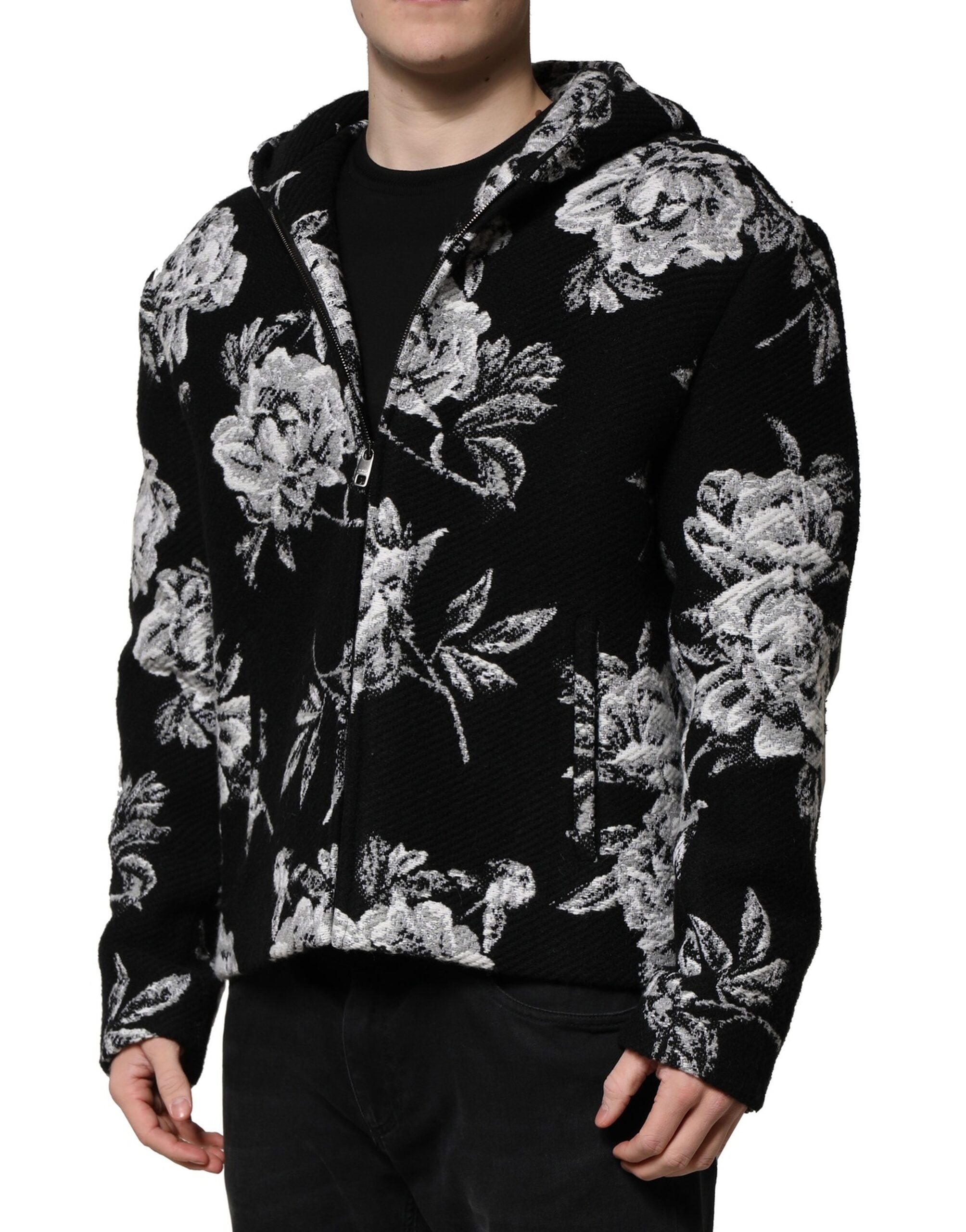 Dolce & Gabbana Black Wool Floral Printed Men Hooded Men's Jacket