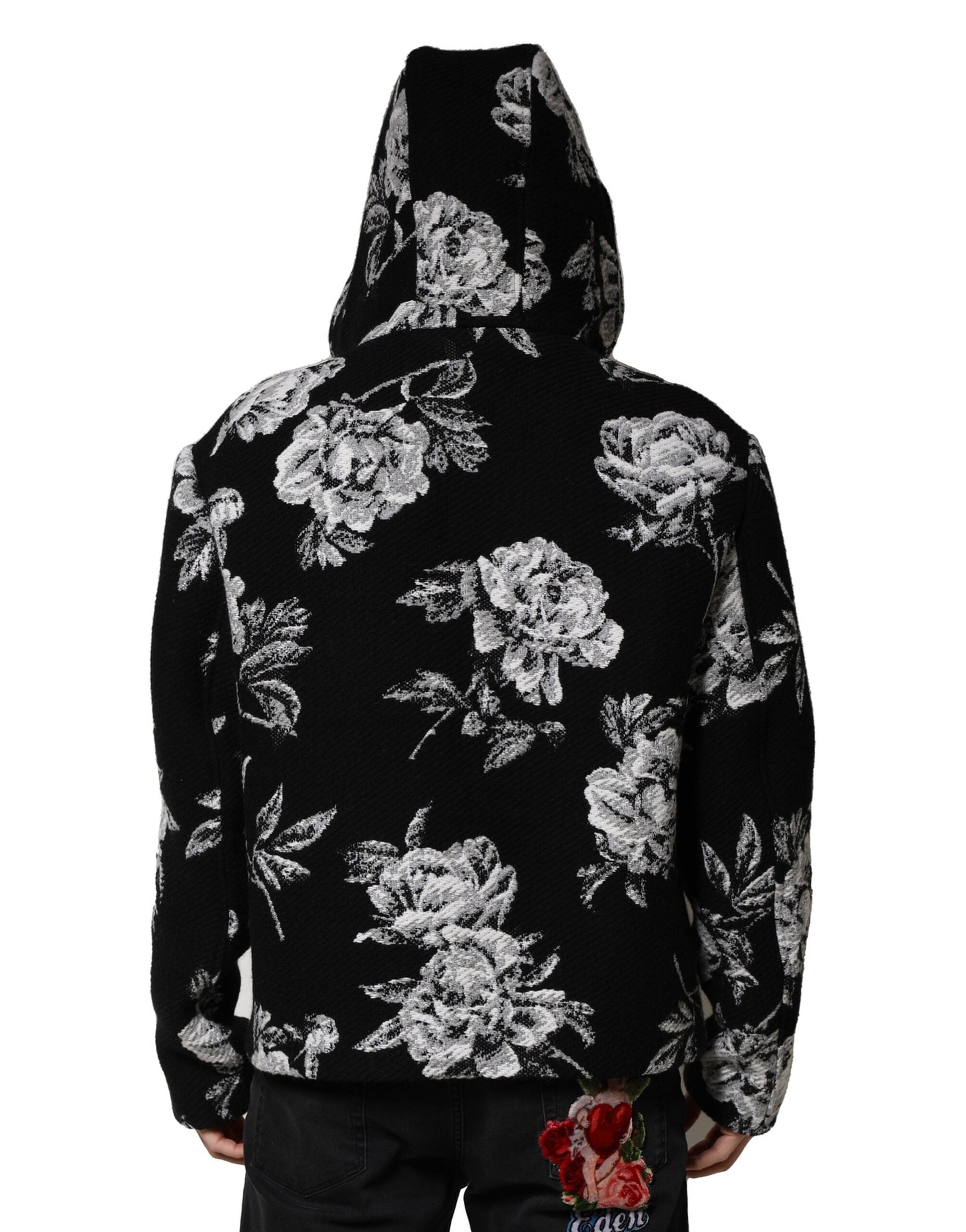Dolce & Gabbana Black Wool Floral Printed Men Hooded Men's Jacket