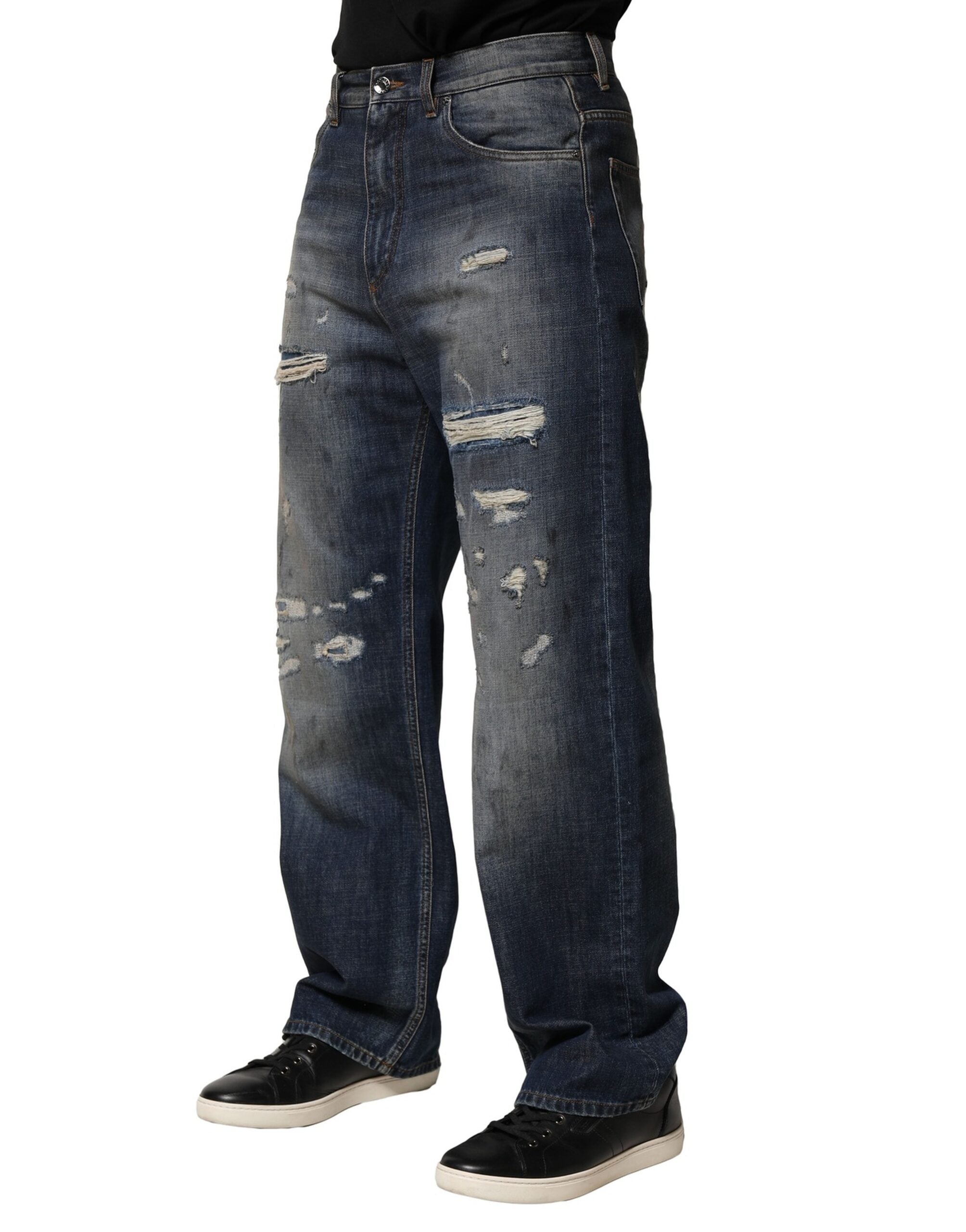 Dolce & Gabbana Blue Washed Tattered Cotton Men Men's Jeans (Pre-Owned)
