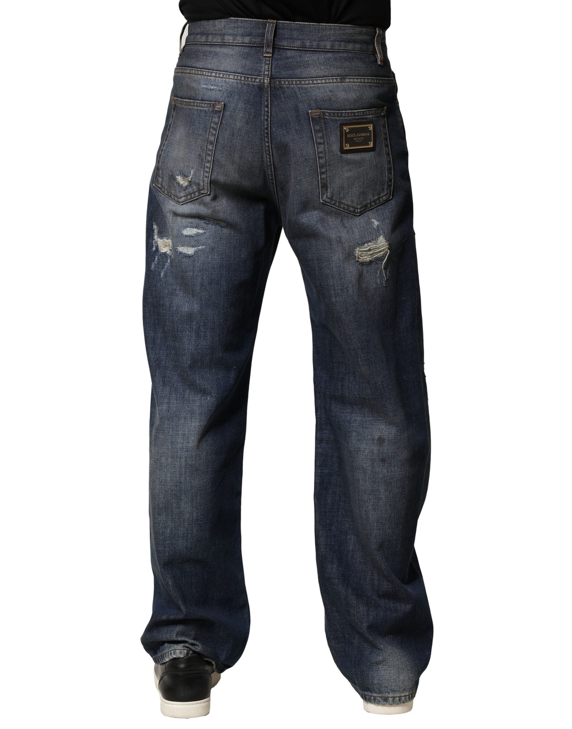 Dolce & Gabbana Blue Washed Tattered Cotton Men Men's Jeans (Pre-Owned)