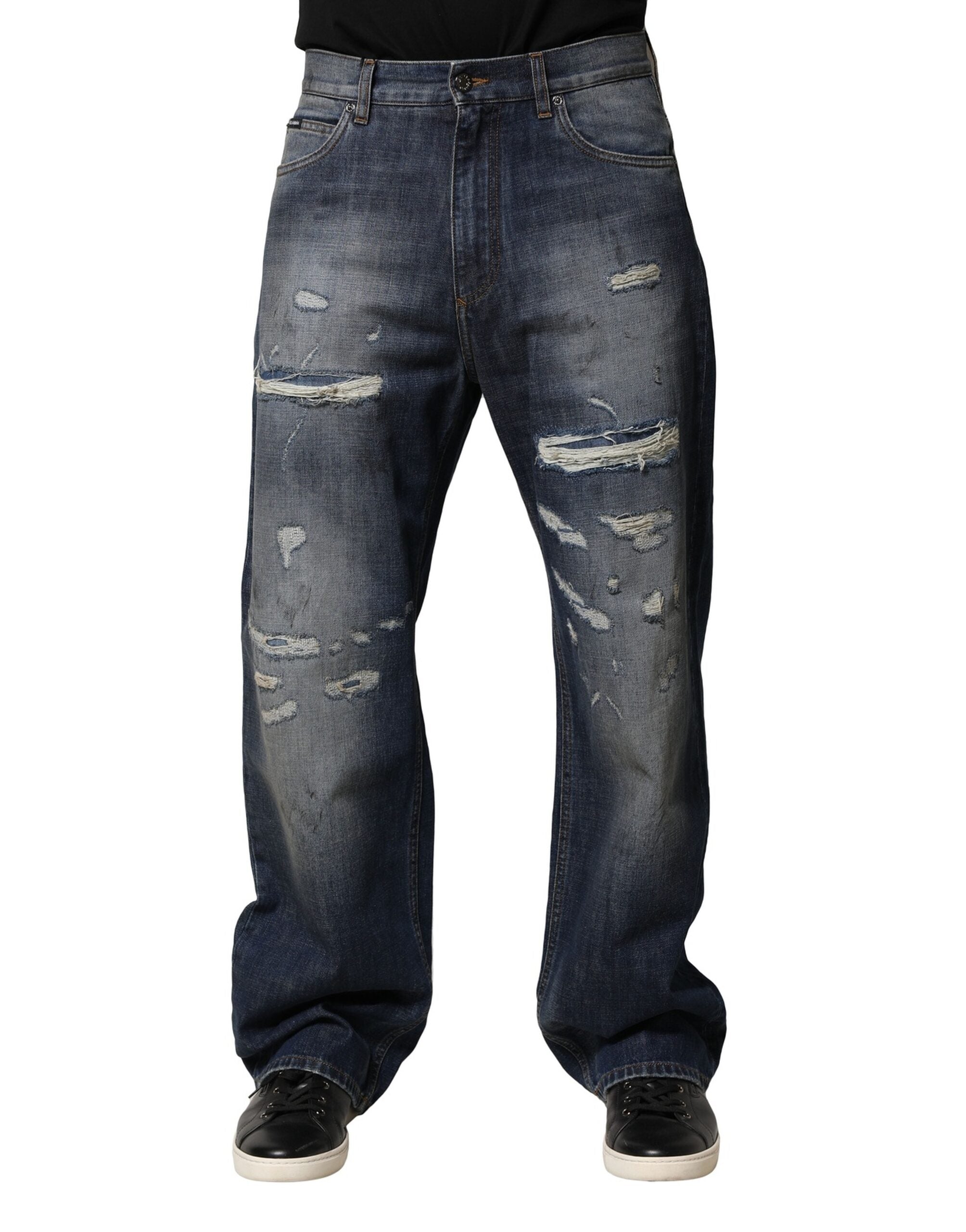 Dolce & Gabbana Blue Washed Tattered Cotton Men Men's Jeans (Pre-Owned)