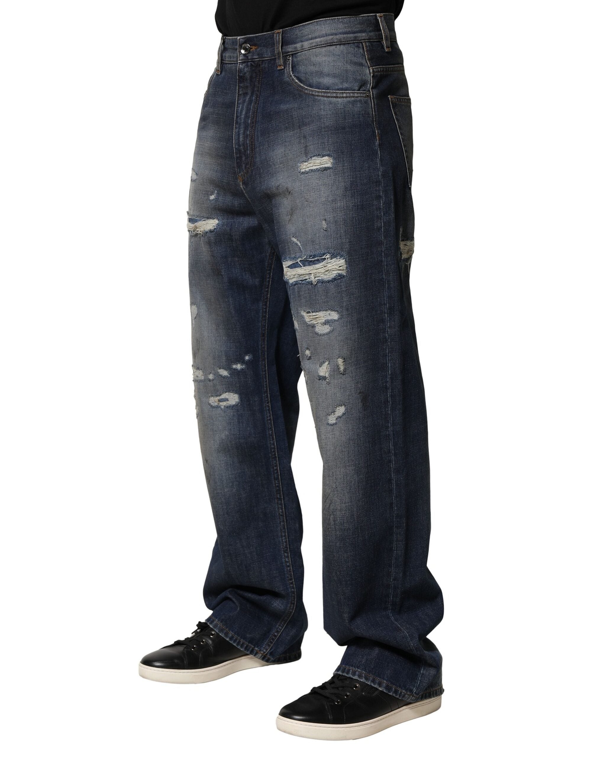 Dolce & Gabbana Blue Washed Tattered Cotton Men Men's Jeans (Pre-Owned)